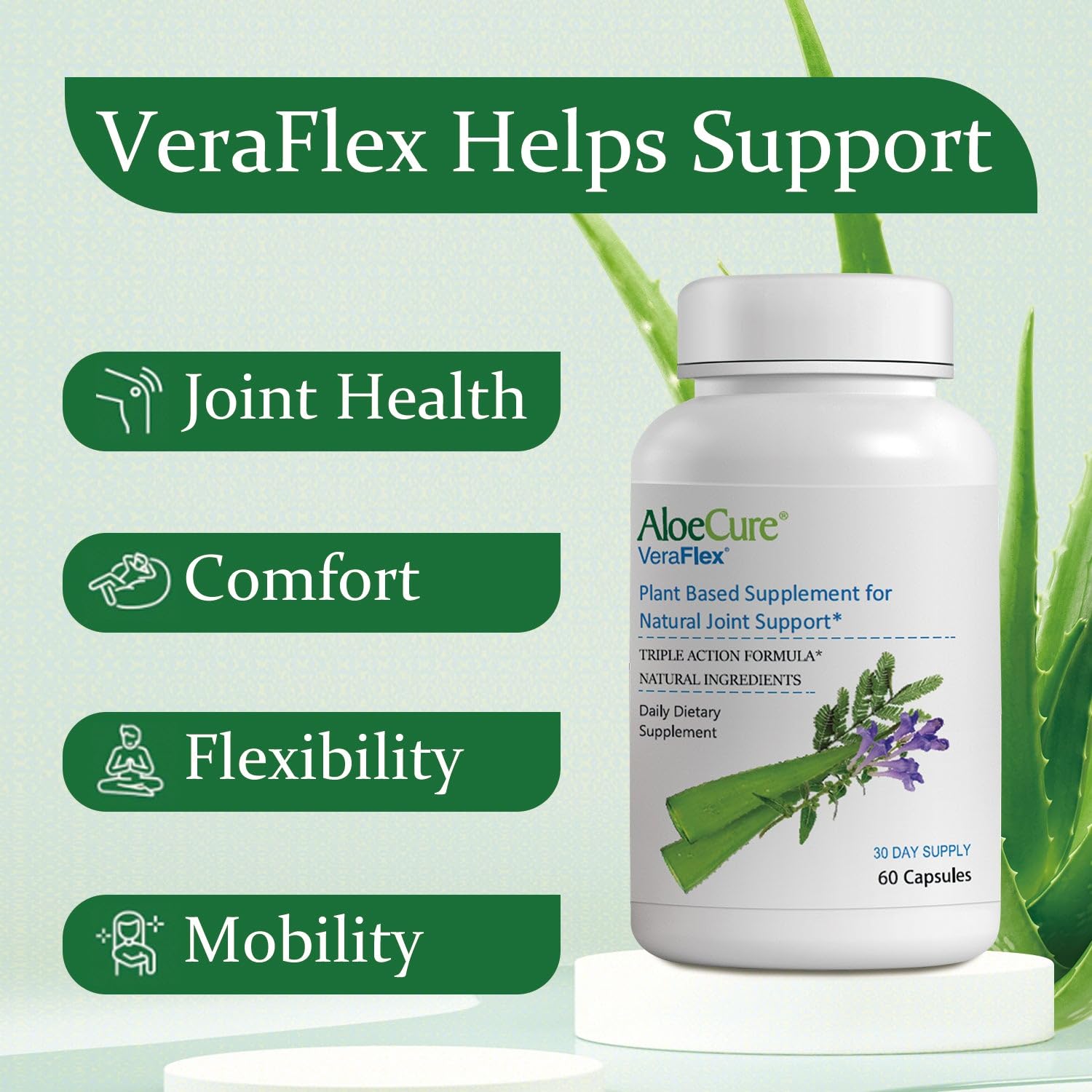 AloeCure VeraFlex Natural Joint Health, 60 Capsules, Clinically Tested Natural Plant-Based Formula to Support Comfort, Mobility and Flexibility - Featuring Organic Aloe Vera, 3-Pack AloeCureAu supplements