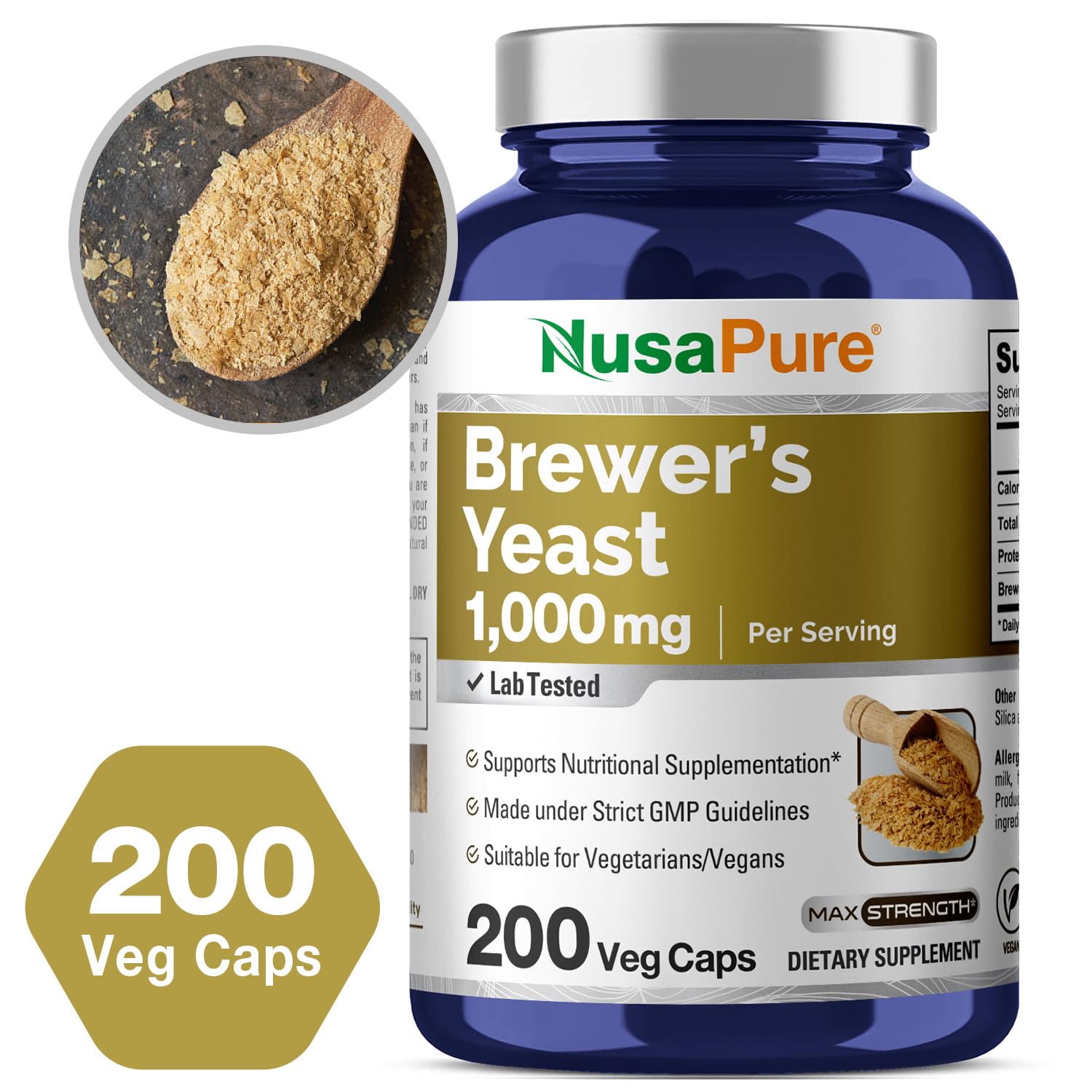 NusaPure Brewer’s Yeast - Suitable for Vegetarian/Vegan, Non - GMO - 1000mg 200 Capsules NusaPureAu supplements