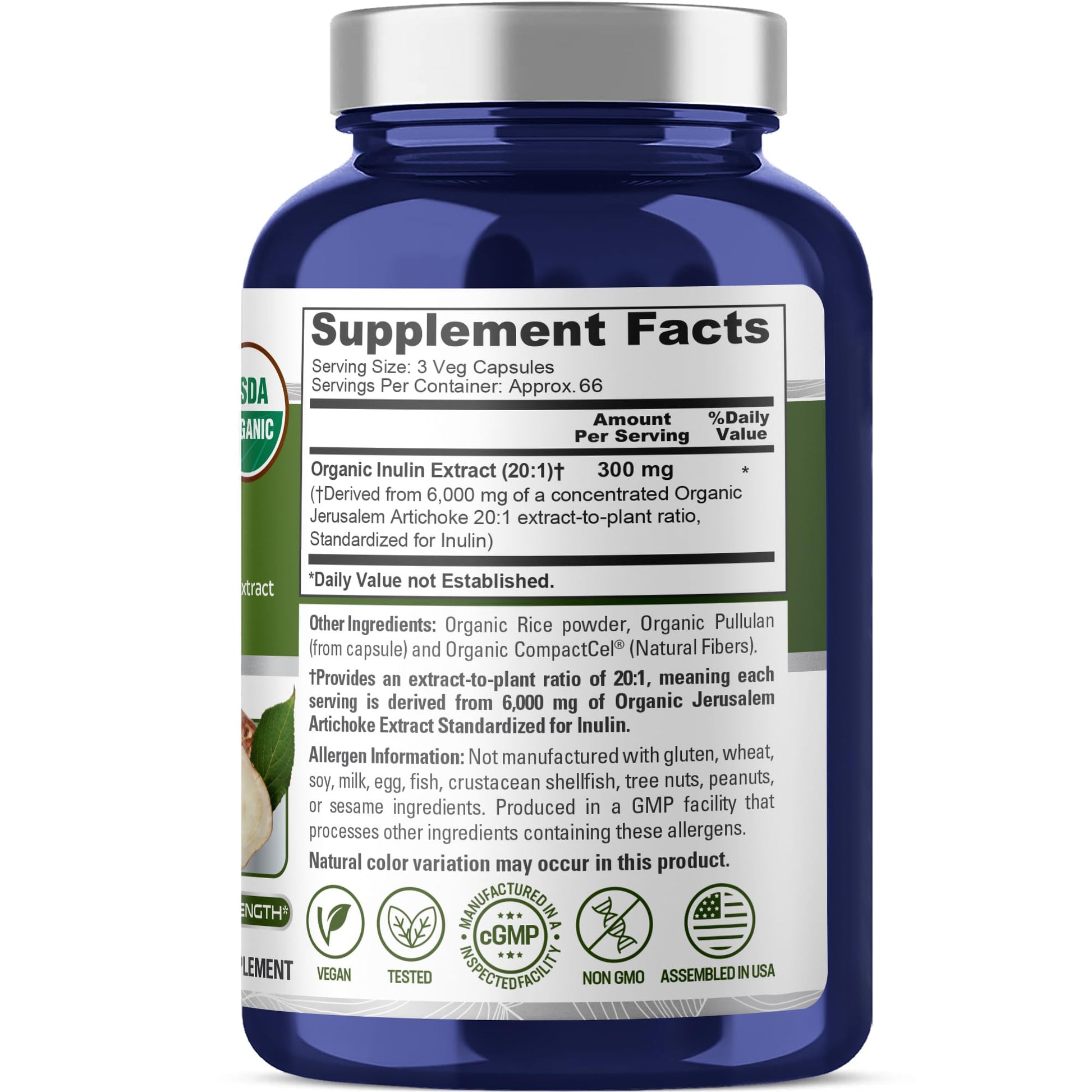 NusaPure Inulin Powder 20:1 Extract, 300 mg Equivalent to 6,000mg | 200 Veg Capsules |USDA Organic Suitable for Vegetarians, Vegan, Non-GMO Supplement NusaPureAu supplements