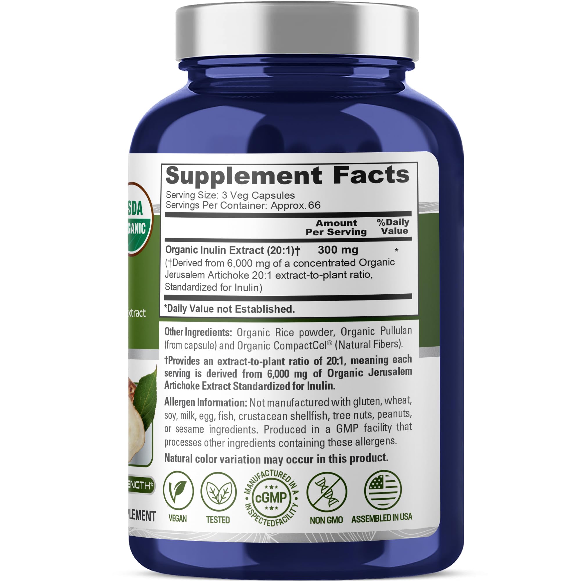 NusaPure Inulin Powder 20:1 Extract, 300 mg Equivalent to 6,000mg | 200 Veg Capsules |USDA Organic Suitable for Vegetarians, Vegan, Non-GMO Supplement NusaPureAu supplements