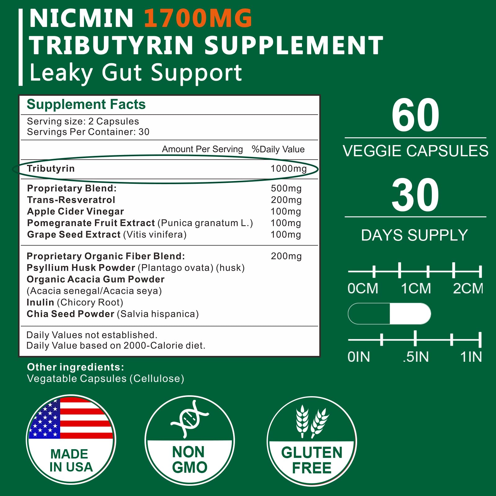 NICMIN Tributyrin Supplement - Premium Butyrate Gut Health Supplement for Leaky Gut 60 Capsules NICMINAu supplements