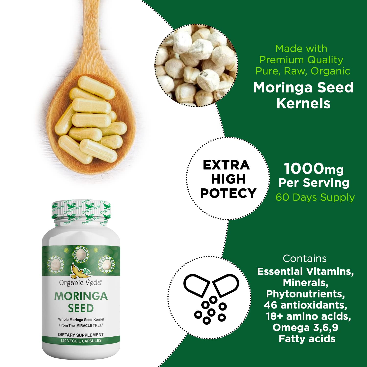 Organic Veda Moringa Seed Capsules - Pure Organic Moringa Capsules Seed Powder Organic VedaUS supplements