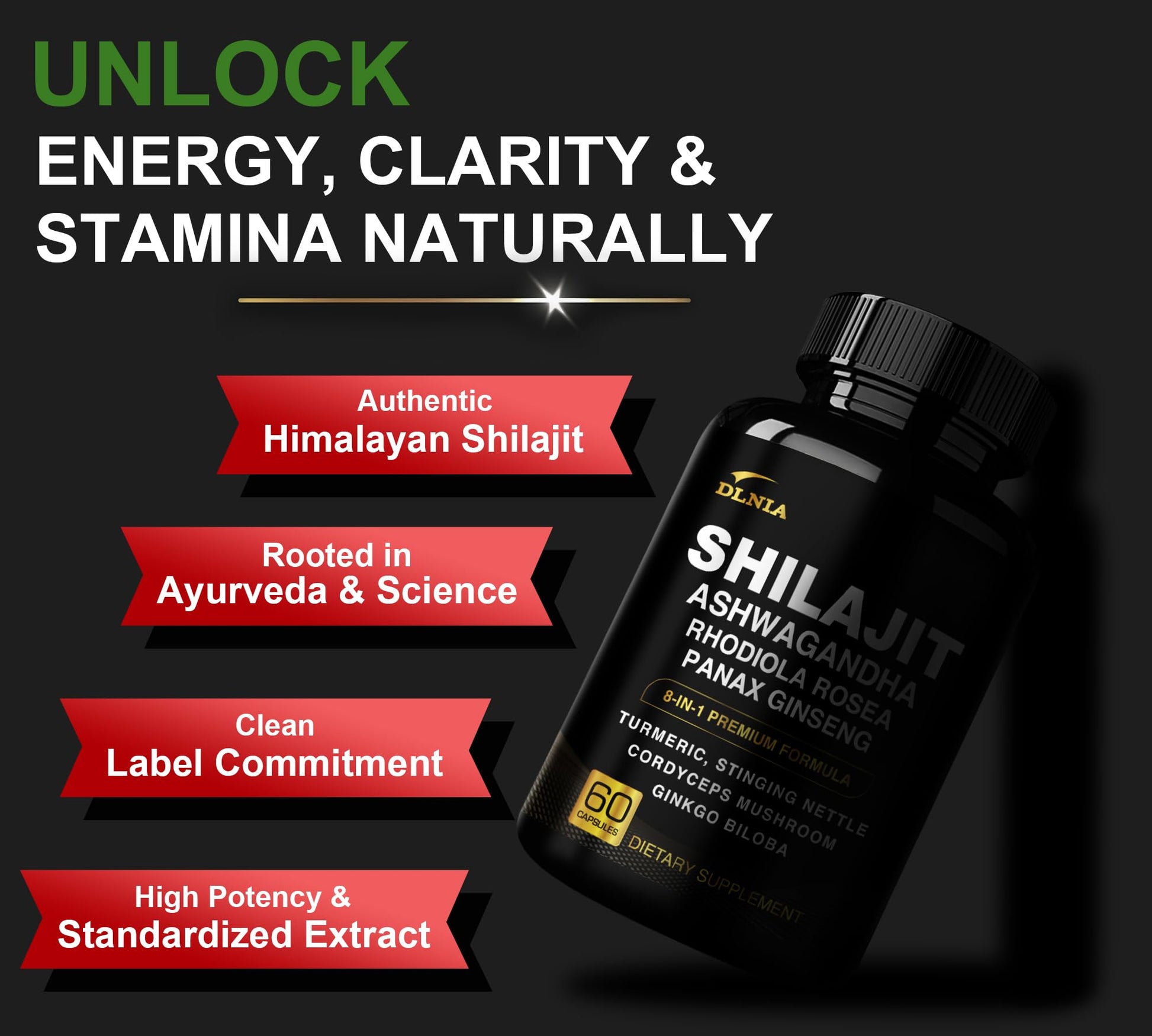 DLNIA 8-in-1 Shilajit for Men & Women with Ashwaganda Himalayan Organic Supplement with Rhodiola Rosea, Ginseng, Turmeric, Mushroom, for Immune Support, Energy, Calm, Focus, Clarity, Sleep, Cortisol DLNIAAu supplements