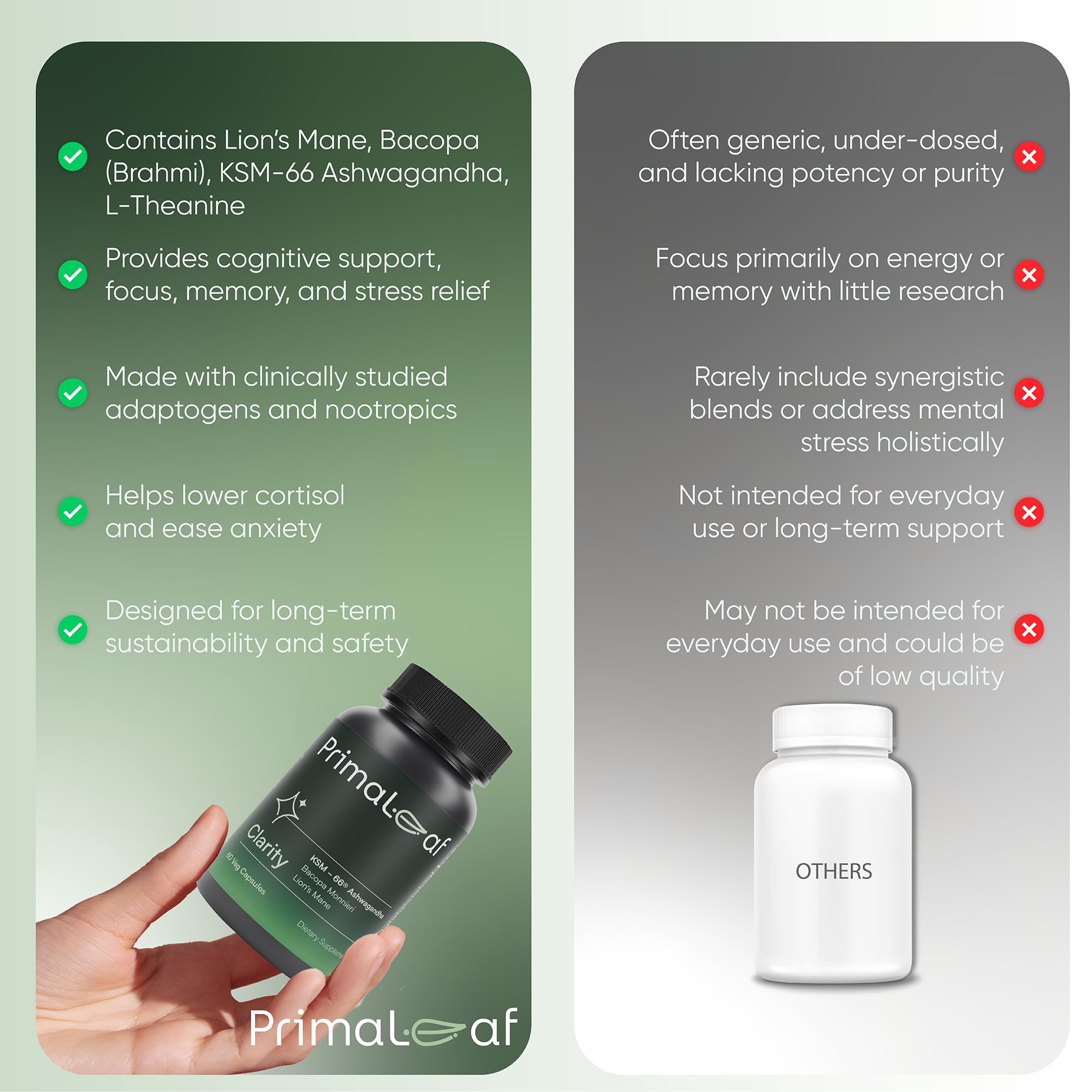PrimaLeaf Clarity Nootropics Brain Supplement for Focus, Memory, & Stress Relief | Natural Nootropic with KSM66 Ashwagandha, Lions Mane, Bacopa, L Theanine | Cognitive & Mood Support | 60 Veg Capsules PrimaLeafAu supplements