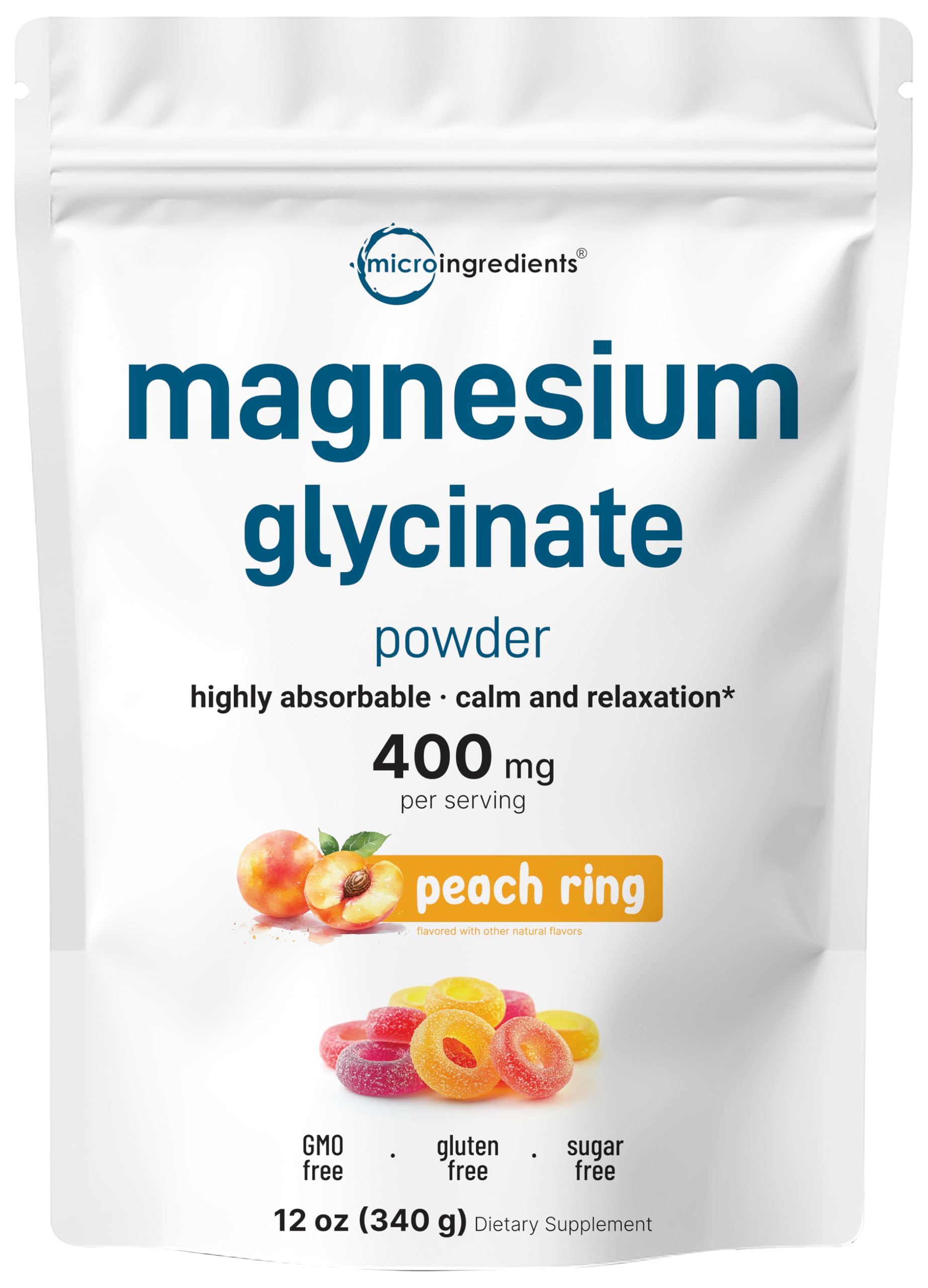 Magnesium Powder, 12oz (56 Servings) | Magnesium Glycinate Powder | Sweet Peach Ring Flavored | Sleep, Muscle, Heart & Nerve Health Support | Easily Absorbed | Non-GMO, Vegan, Sugar Free Micro IngredientsAu supplements