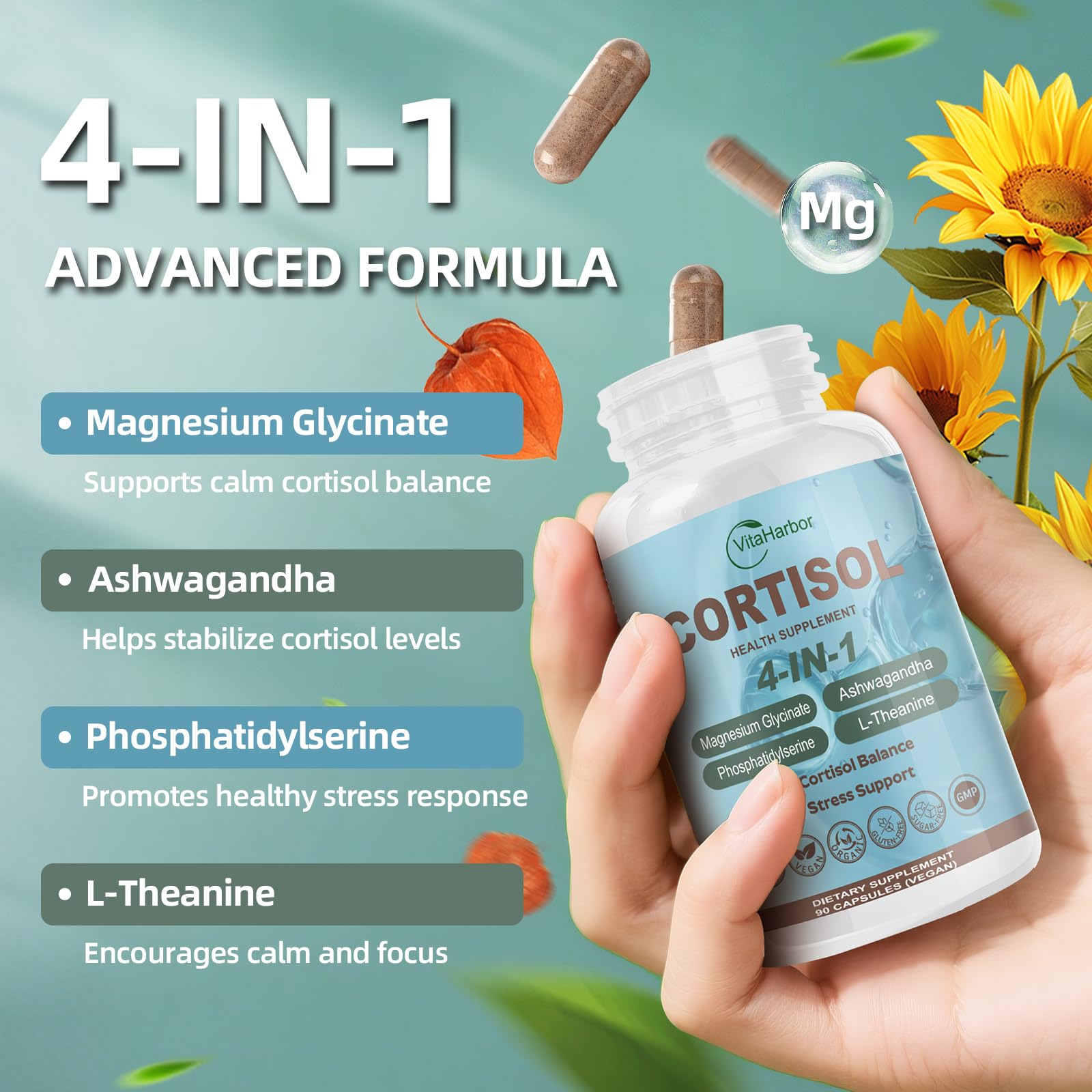 VitaHarbor Cortisol Supplement for Women and Men, 4-in-1 Cortisol Reducer with Magnesium Glycinate, Ashwagandha, Phosphatidylserine, L-Theanine, for Relaxation & Calm Support, 90 Veg Caps VitaHarborAu supplements