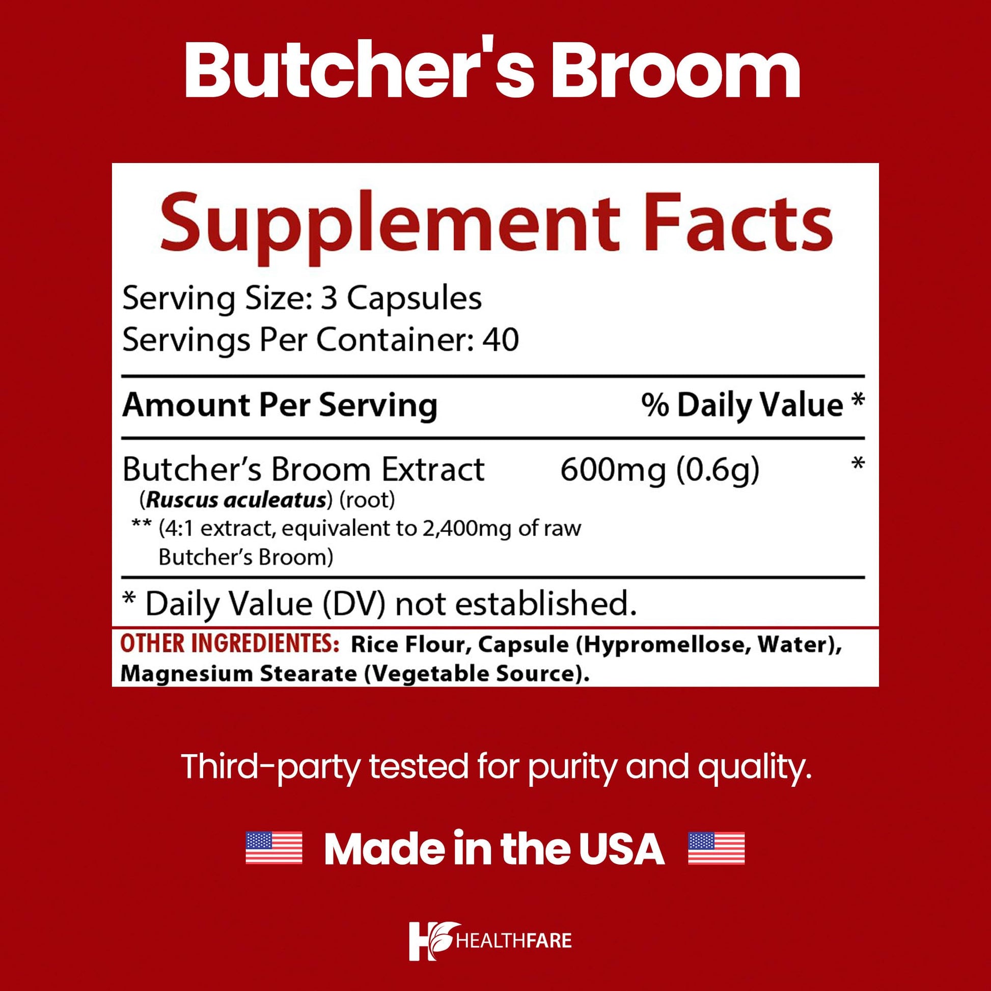 Healthfare Butchers Broom Supplement | Capsules Extract 2400mg | 120 Vegetarian Pills | Premium Herbal Root Supplement | Circulation & Vein Support | Non-GMO, Gluten-Free | Made in USA HealthfareAu supplements