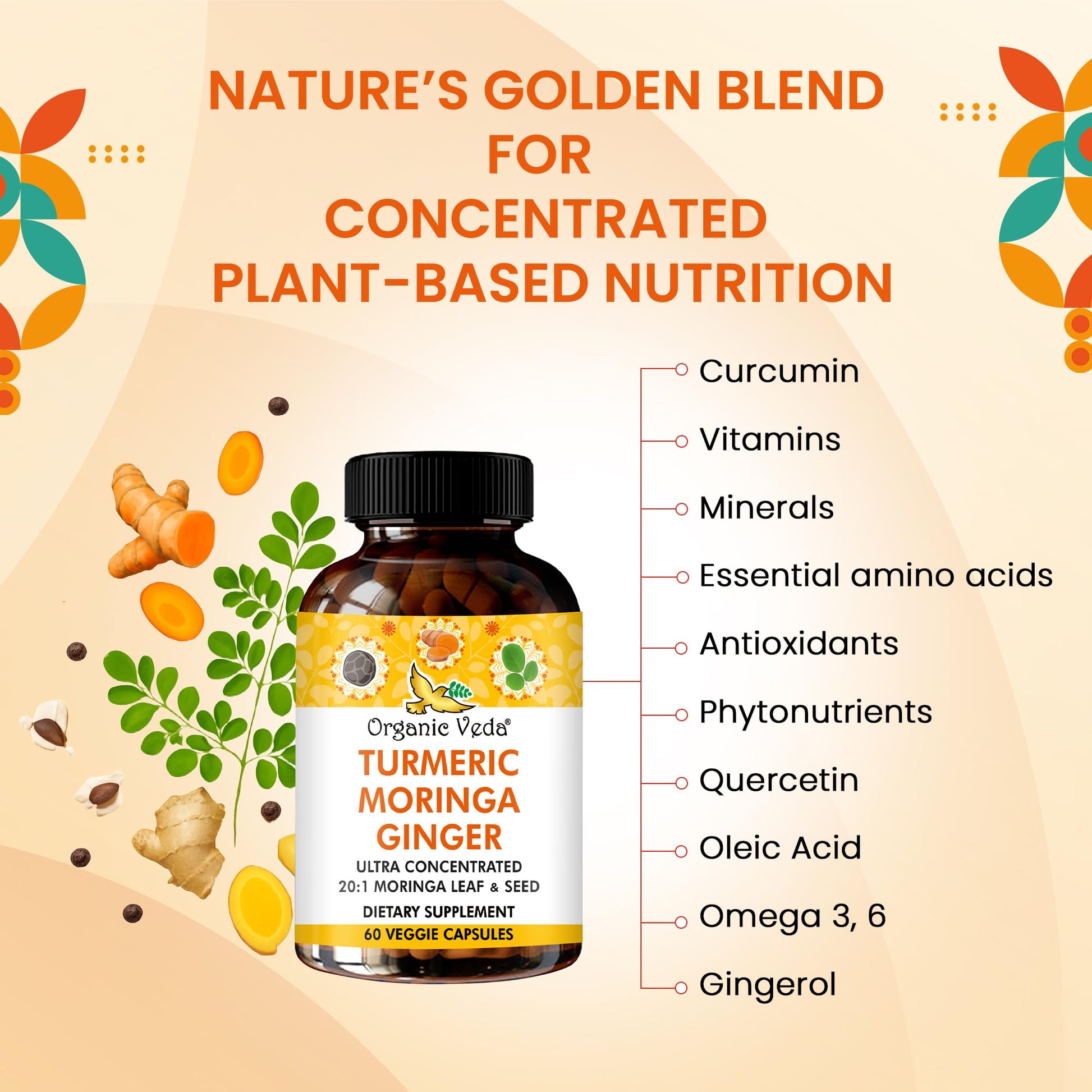 Organic Veda Turmeric Moringa Ginger Capsules - Super Antioxidants & Curcumin Supplement with 20:1 Moringa Leaf & Seed Extract, Black Pepper - Energy, Joints, Heart Health Support - 60 Vegan Pills Organic VedaAu supplements