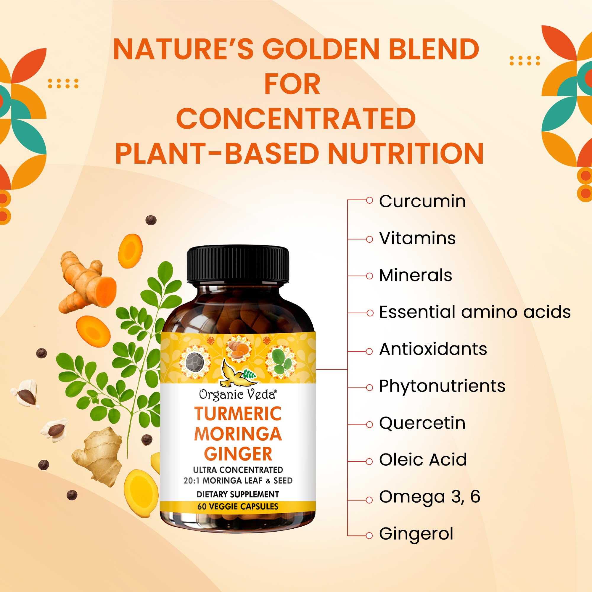 Organic Veda Turmeric Moringa Ginger Capsules - Super Antioxidants & Curcumin Supplement with 20:1 Moringa Leaf & Seed Extract, Black Pepper - Energy, Joints, Heart Health Support - 60 Vegan Pills Organic VedaAu supplements