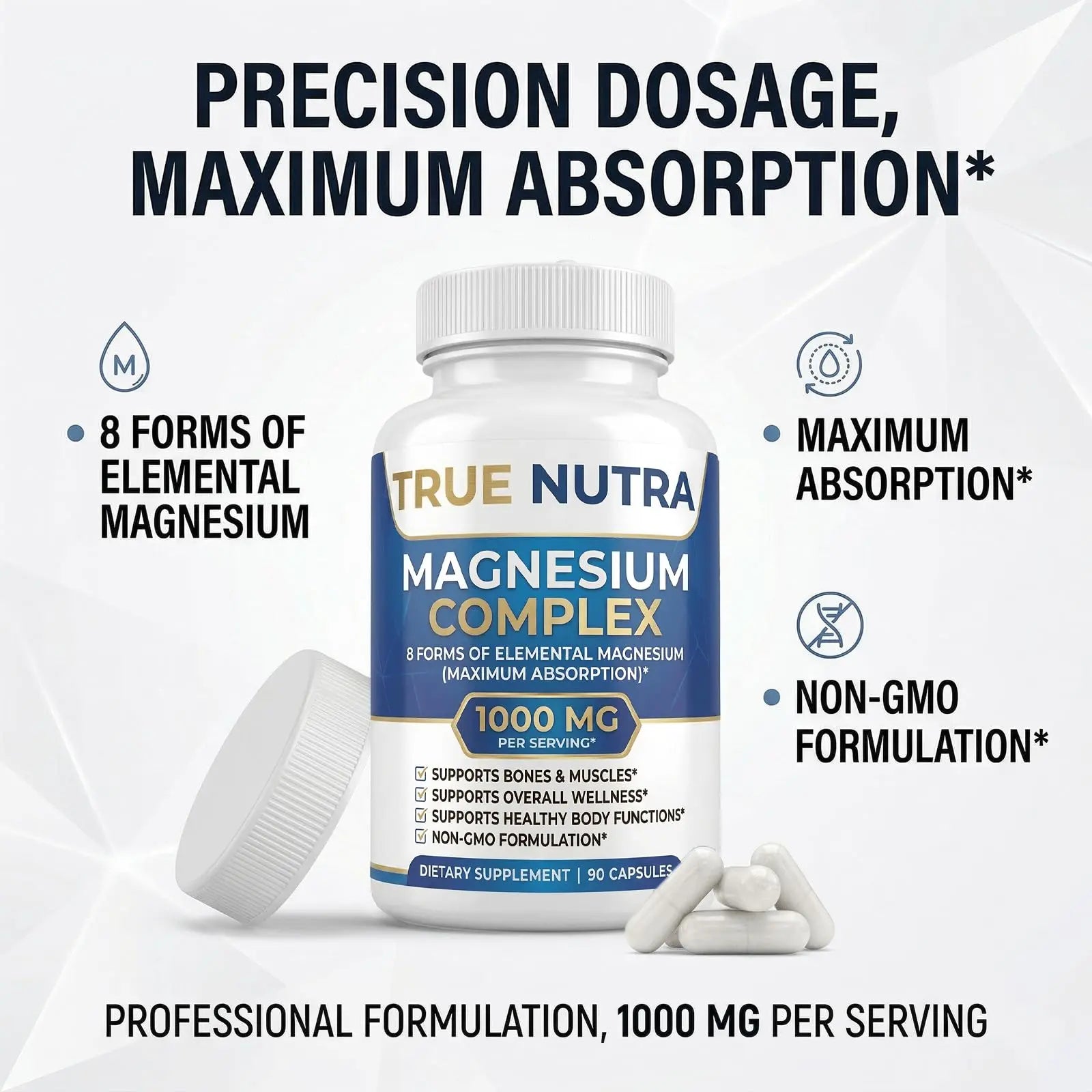True nutra Magnesium Complex，Advanced 8-in-1 Magnesium Blend，Glycinate, Citrate, Malate, Taurate etc，High Formula，90 Capsules true nutranz supplements