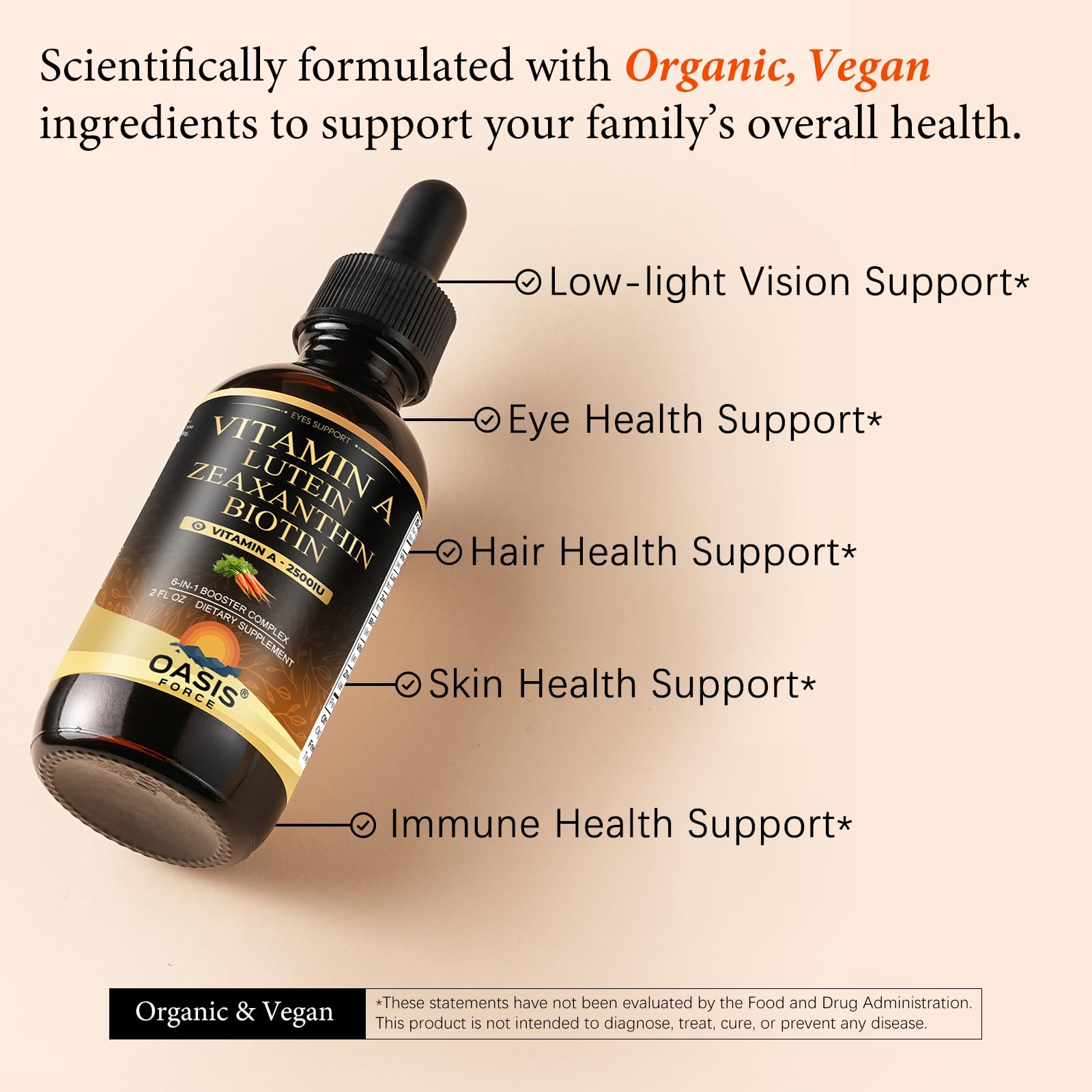 OASIS FORCE 6 in 1 Vitamin A Liquid Drops with Lutein & Zeaxanthin, Vita A Retinyl Palmitate for Skin, Vision & Immune Support, Adults & Kids Ages 6+, Vegan, Non-GMO, 2 Fl Oz OASIS FORCEAu supplements