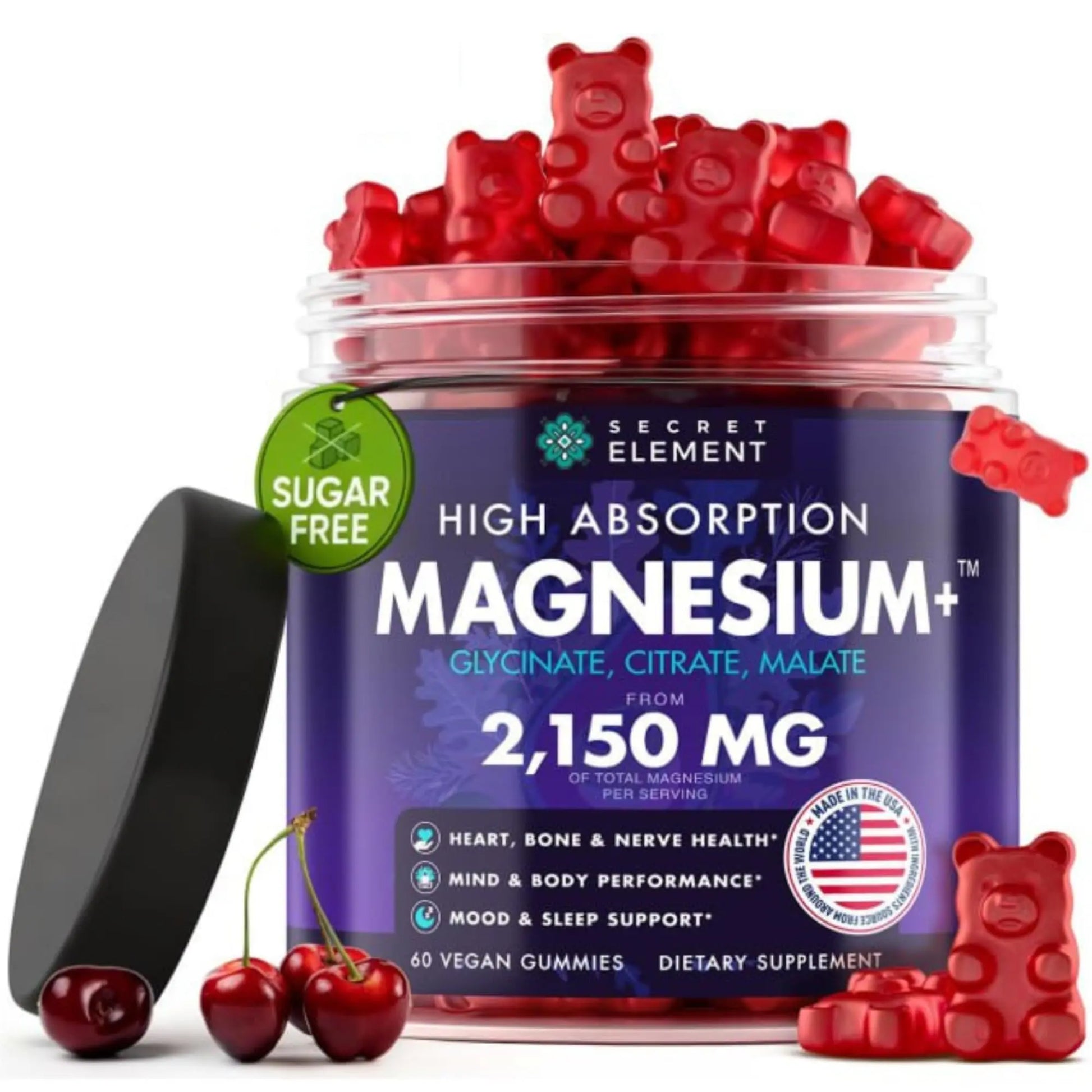 Magnesium Gummies 3in1 - Glycinate, Citrat, Malate 2150 MG High Absorption Supplement, Sugar-Free, Vegan, Chews for Men & Women, Inspired by Wellness Traditions Like Arjuna, 60 Gummies, Cherry Flavor Secret ElementAu supplements