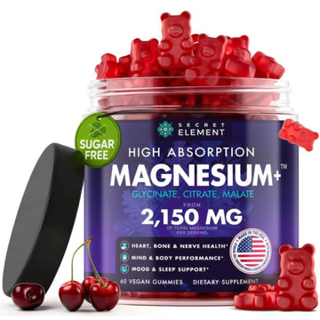 Magnesium Gummies 3in1 - Glycinate, Citrat, Malate 2150 MG High Absorption Supplement, Sugar-Free, Vegan, Chews for Men & Women, Inspired by Wellness Traditions Like Arjuna, 60 Gummies, Cherry Flavor Secret ElementAu supplements