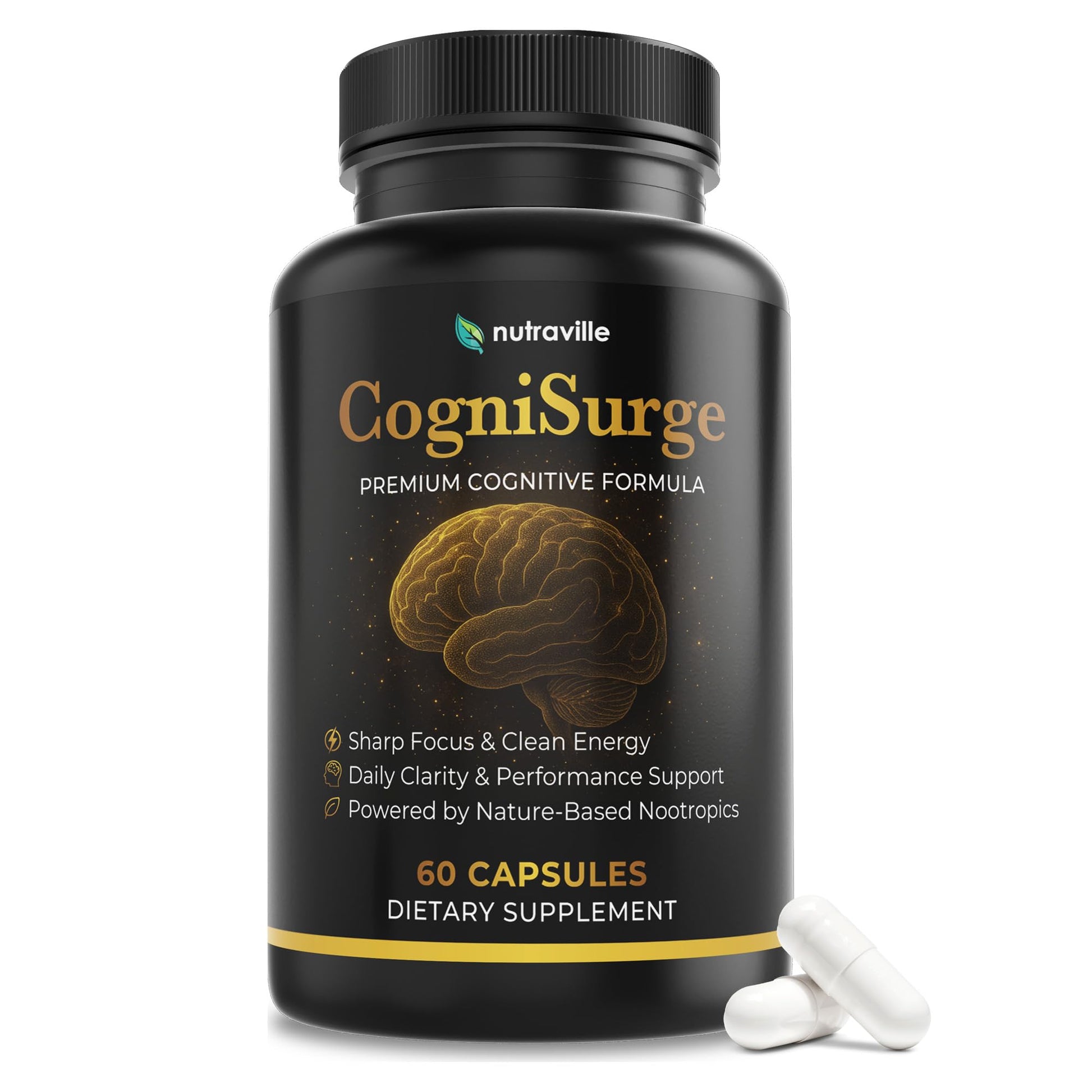 Nutraville CogniSurge Nootropics Brain Support Supplement for Memory and Focus - Nature-Powered Lion's Mane Supplement Capsules with Shilajit - No Caffeine or Stimulants - 30 Servings NutravilleAu supplements