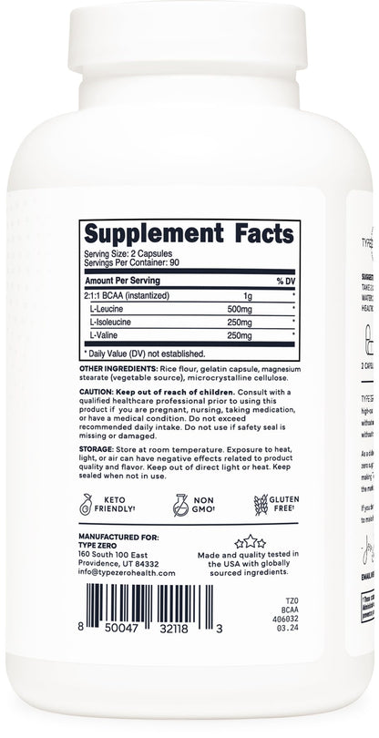 Type Zero BCAA 1000mg (180 Capsules, 90 Servings), Branched Chain Amino Acids (500mg of L-Leucine, 1000mg of L-Isoleucine and L-Valine) Type ZeroUS supplements