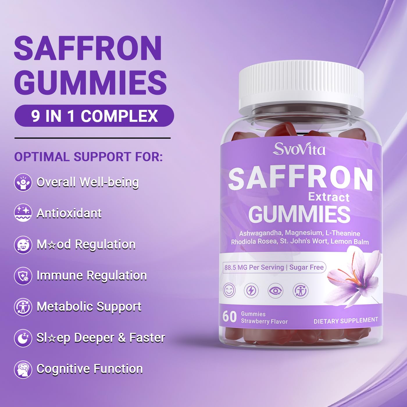 Svovita Saffron Supplements Gummies with Saffron Extract, Sugar Free 60 Count SvovitaAu supplements