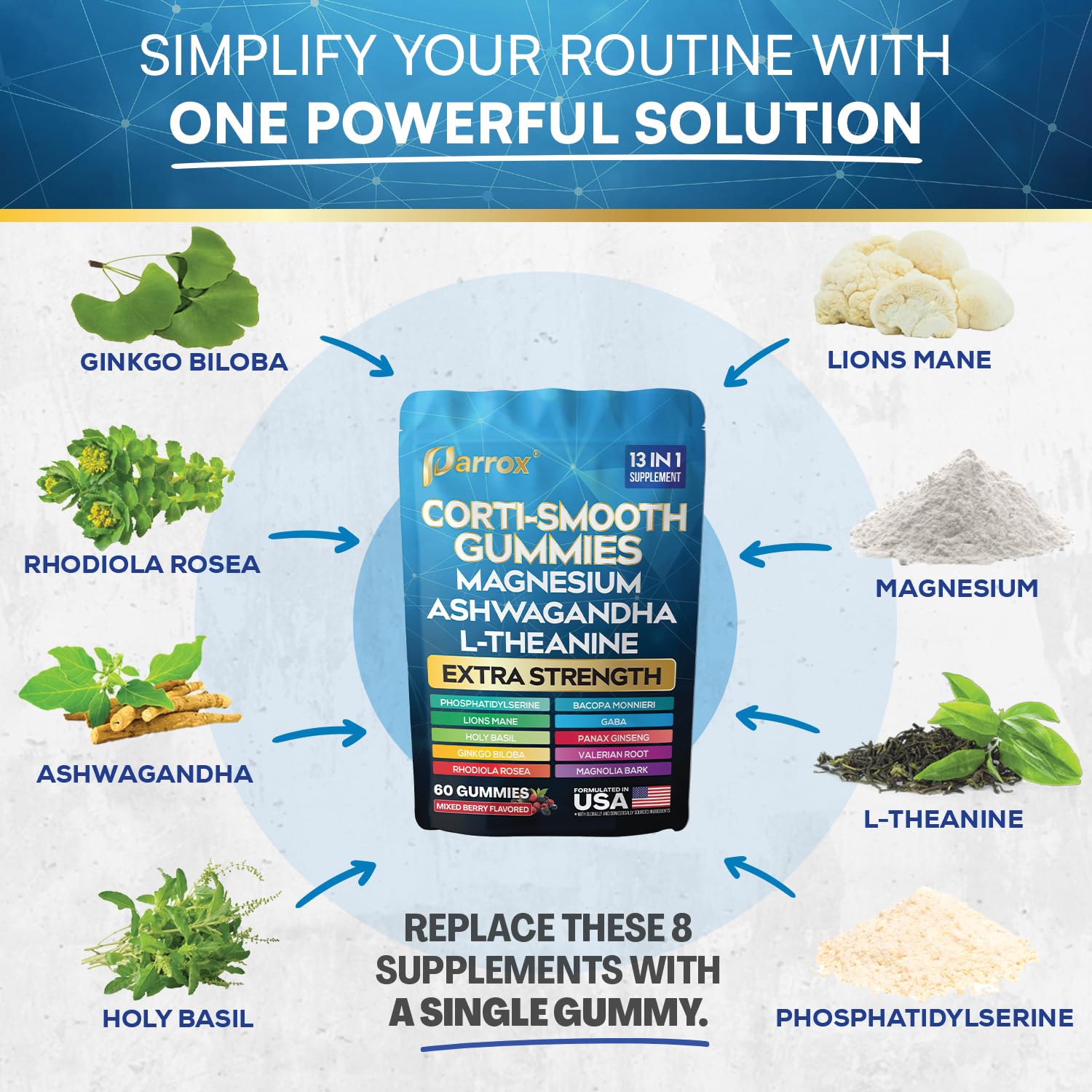 Parrox Corti-Smooth Cortisol Support Gummies with Magnesium, L-Theanine, Ashwagandha, Phosphatidylserine, Bacopa Monnieri, Lions Mane, Ginkgo Biloba, Valerian Root (60 Gummies - Mixed Berry Flavor) ParroxAu supplements