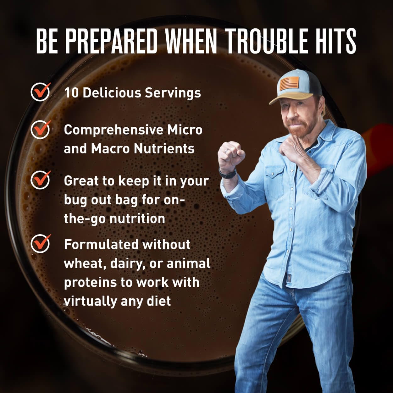 Basecamp Complete Nutrition Shake by Chuck Norris Roundhouse Provisions – Plant-Based Emergency Meal with 18g Protein & 28 Essential Nutrients – Rich Chocolate Flavor – 10 Servings, 3-Year Shelf Life ROUNDHOUSE PROVISIONAu supplements
