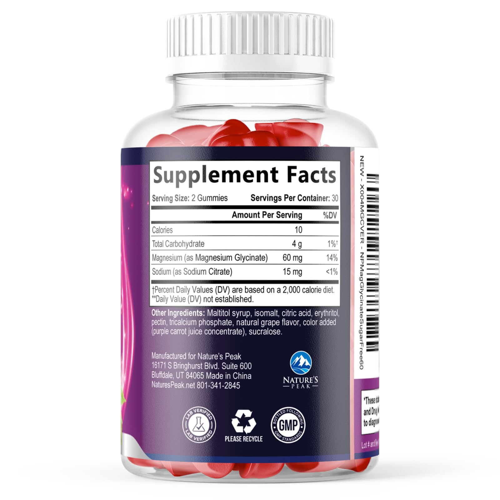 Magnesium Glycinate Gummies - Sugar Free - 100% Chelated Magnesium Gummy Supplement for Max Absorption - for Sleep Support & Heart, Muscle & Bone Health - Gentle on Stomach, Grape Flavor - 60 Gummies Nature's PeakAu supplements
