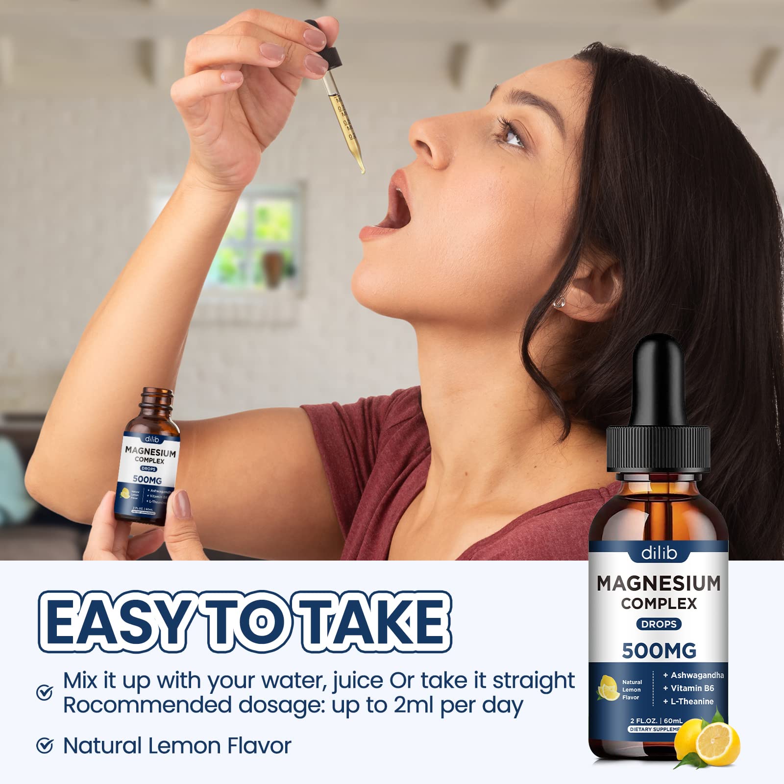 Magnesium Glycinate Liquid Drops, Triple Magnesium Complex Supplement with Citrate, Malate 500mg Ashwagandha, L-Theanine, Vitamin B6 for Sleep, Calm, Stress Relief, Bone, Muscle, Mood - Lemon Flavor dilibAu supplements