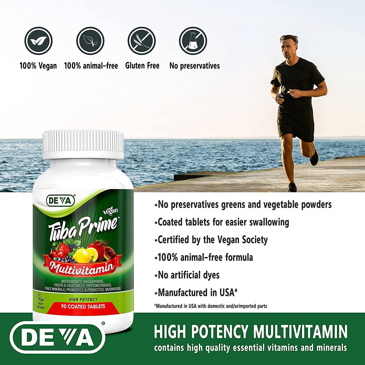 DEVA Tuba Prime Vegan Multivitamin Iron-Free High-Potency Vitamin & Mineral Dietary Supplement Antioxidants, Fruit & Veg Blend, Super Mushrooms, Probiotics, Prebiotics, Seeds, Herbs 90 Tabs 2-Pack DEVAAu supplements