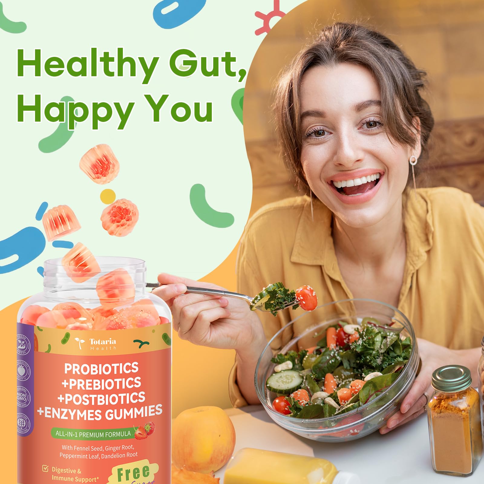 (2 Packs) Totaria Sugar Free 5-in-1 Probiotic Prebiotic Postbiotic Gummy, Probiotics for Women Men with Digestive Enzymes, Peppermint, Complete Immune, Gut & Digestive Support, Vegan Strawberry Flavor TotariaAu supplements