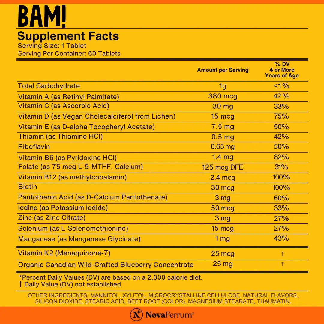 NovaFerrum BAM Chewable Multivitamin for Kids & Adults Ages 4 and Above – Fruit Blast Flavor – 60 Chewable Tablets NovaFerrumAu supplements