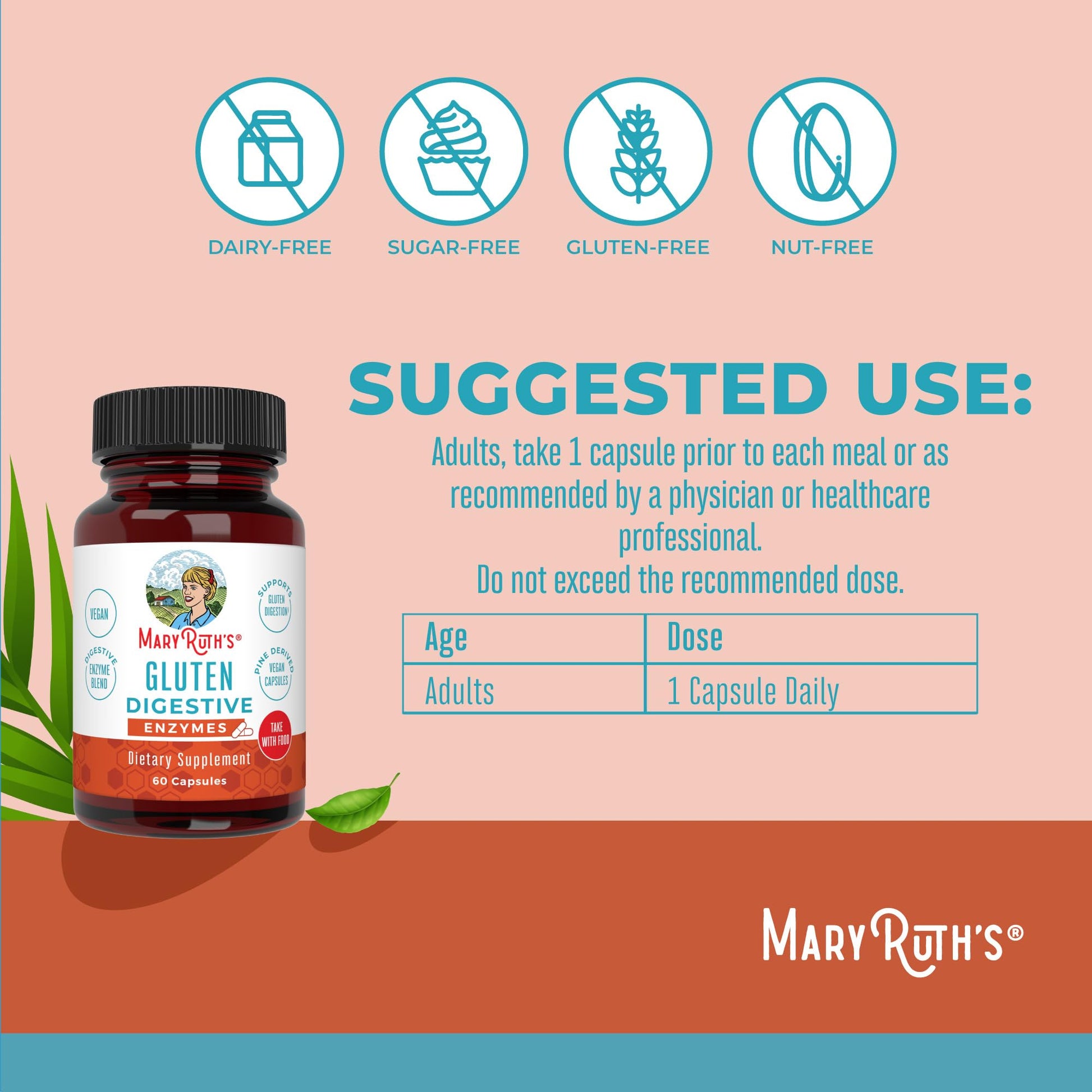 MaryRuth’s Gluten Digestive Enzymes | Up to 2 Month Supply | Proprietary Enzyme Blend | Vegan Pine-Based Capsules | Non-GMO | 60 Count MARYRUTH'SUS supplements