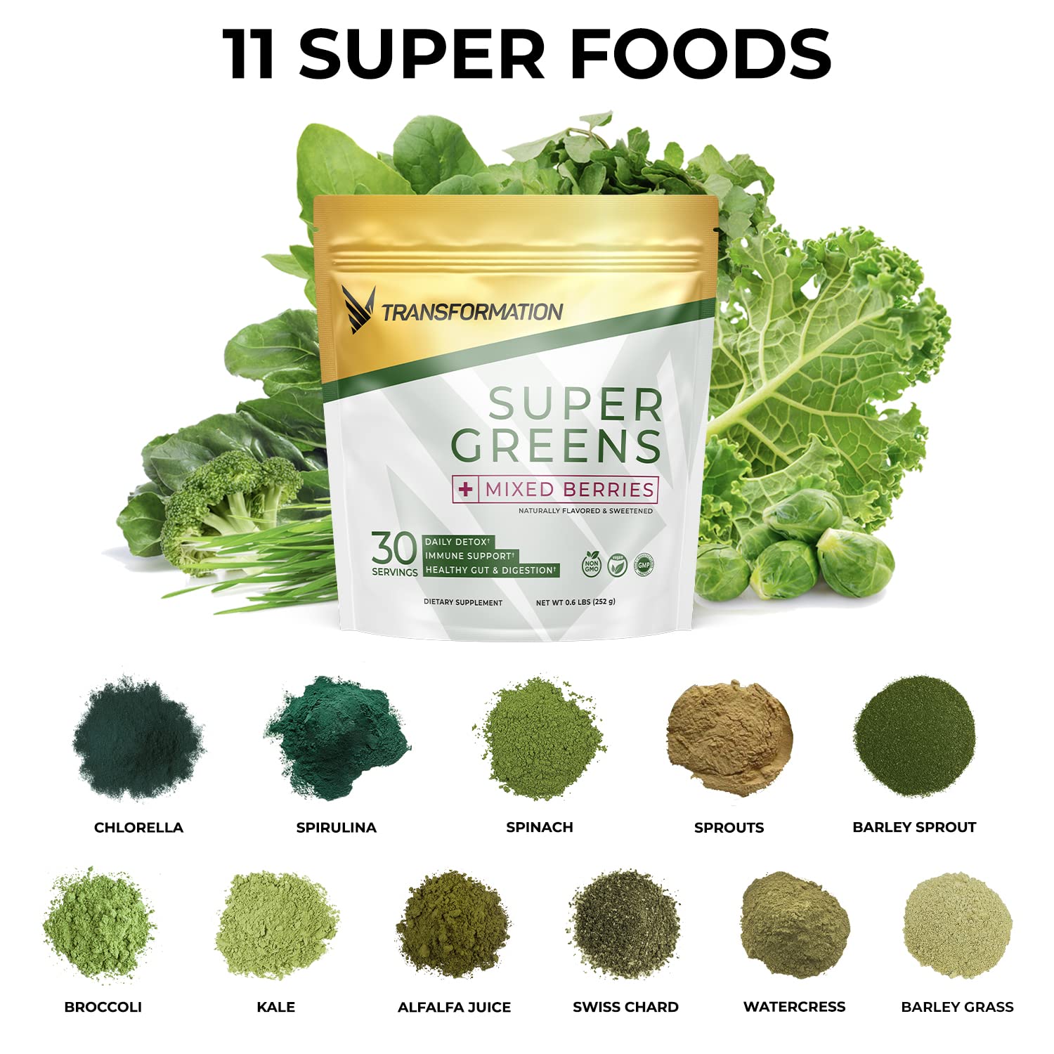 Transformation Super Greens Superfood Green Juice Powder - Immune & Energy Support | Natural Ingredients | Detoxifying & Alkalizing Minerals - Spirulina, Chlorella, Wheatgrass, Spinach, Alfalfa SPR BODYAu supplements