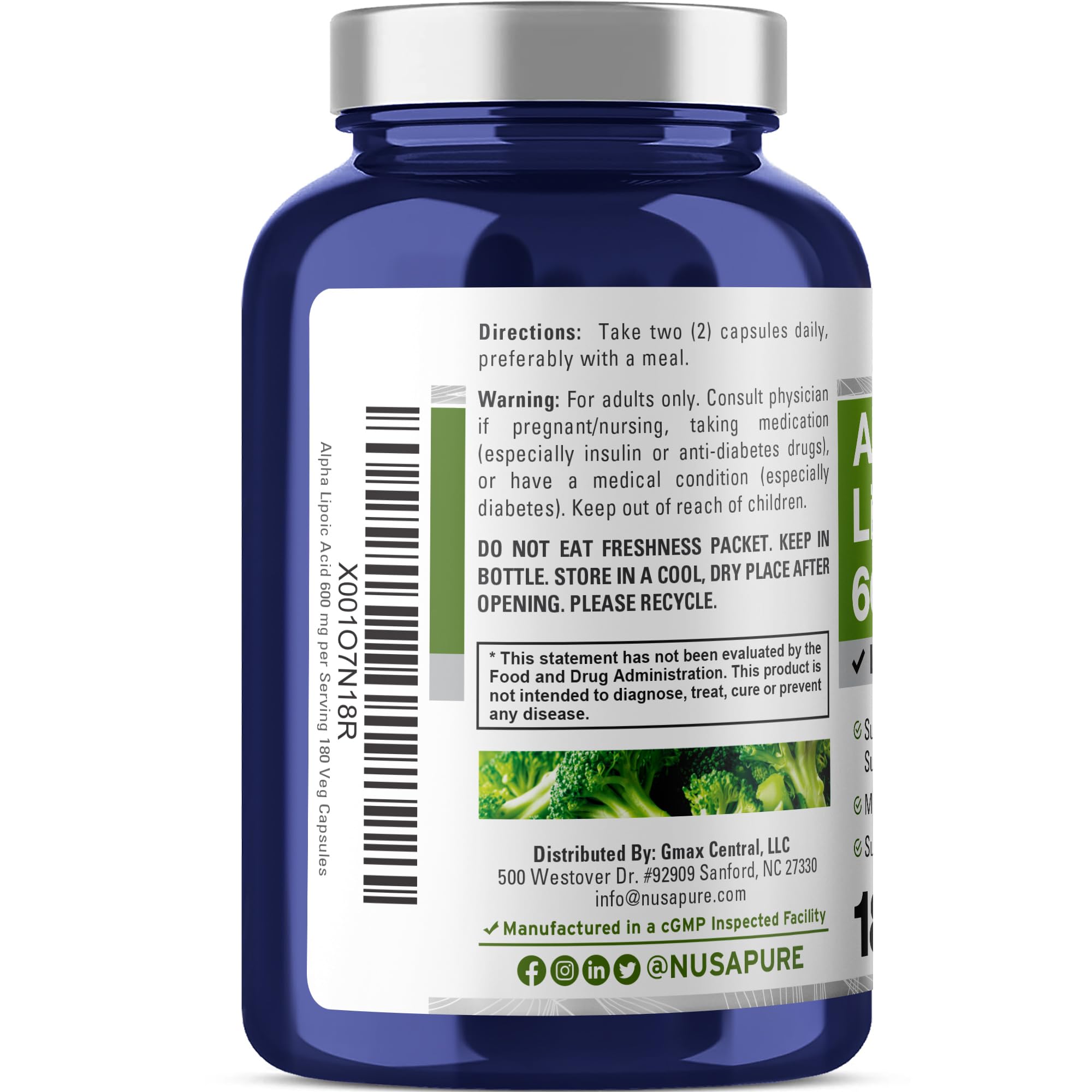 NusaPure Alpha Lipoic Acid 600 mg per Serving 180 Veggie Capsules (Vegetarian, Non-GMO, Vegan) NusaPureAu supplements