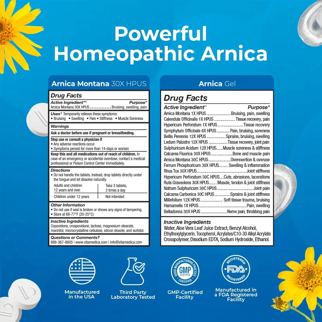 VitaMedica Arnica Montana Tablets & Arnica Gel Bundle – Support for Bruising, Swelling & Soreness, 150 Rapid-Dissolve Tablets + 3 oz Water-Based Gel VitaMedicaAu supplements
