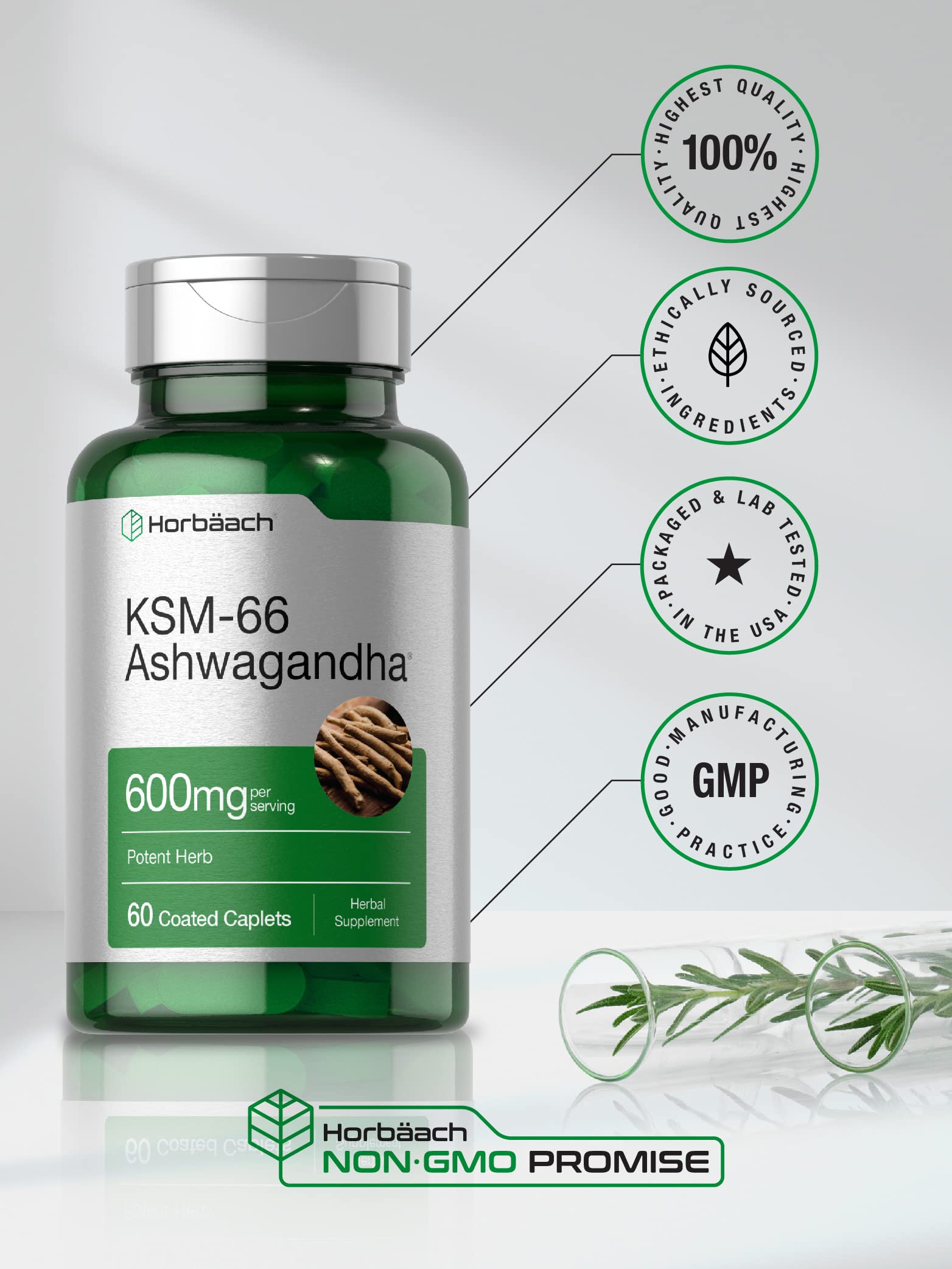 Horbäach KSM-66 Ashwagandha 600mg | with L-Theanine | 60 Coated Caplets | Vegan, Non-GMO, Gluten Free Complex Supplement HorbäachAu supplements