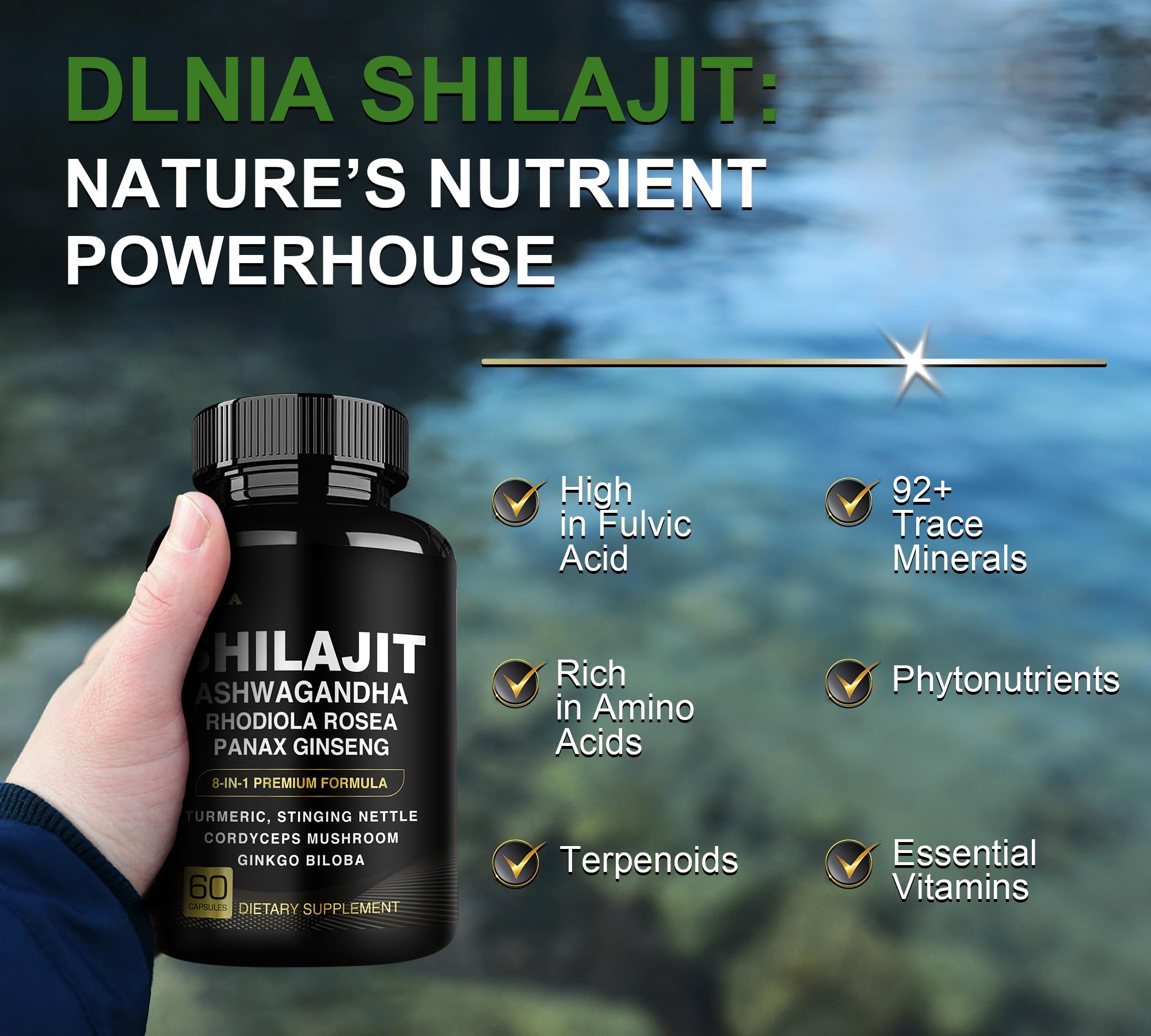 DLNIA 8-in-1 Shilajit for Men & Women with Ashwaganda Himalayan Organic Supplement with Rhodiola Rosea, Ginseng, Turmeric, Mushroom, for Immune Support, Energy, Calm, Focus, Clarity, Sleep, Cortisol DLNIAAu supplements