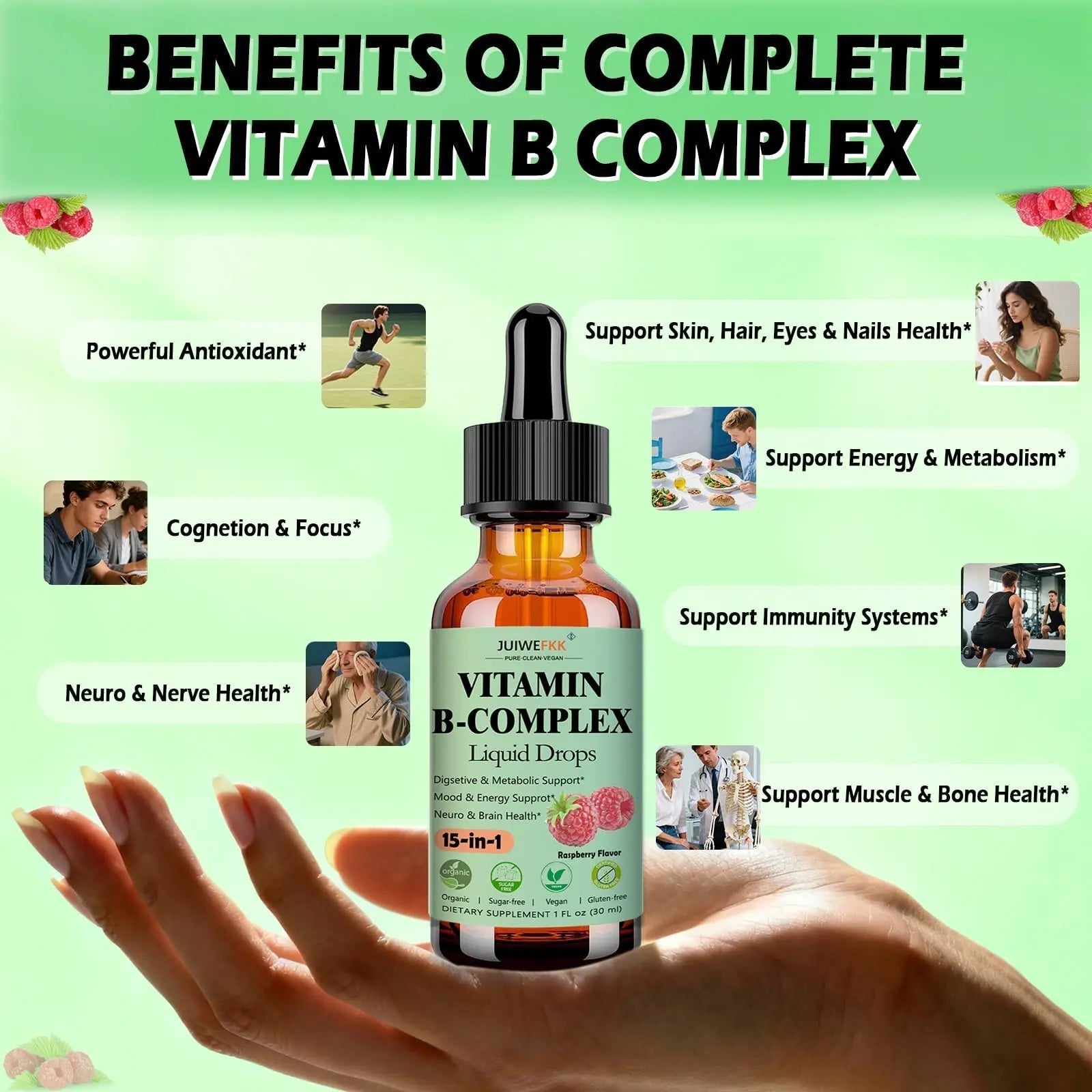 Vitamin B Complex Liquid Drops for Women Men & Kids, 15-in-1 VIT B Complex with Vitamin C B12 B6 B1 Niacin Folate Magnesium JUIWEFKKAu supplements