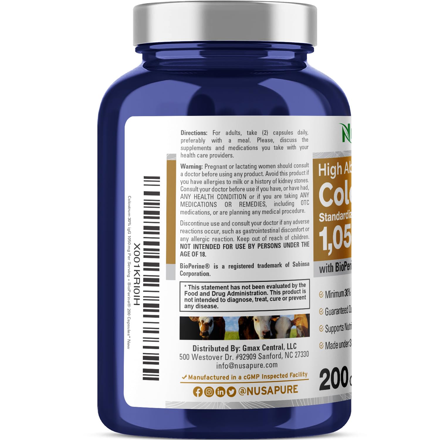 NusaPure Colostrum 1050mg 30% IgG 200 capsules (Non-GMO, Soyfree) Bioperine NusaPureAu supplements
