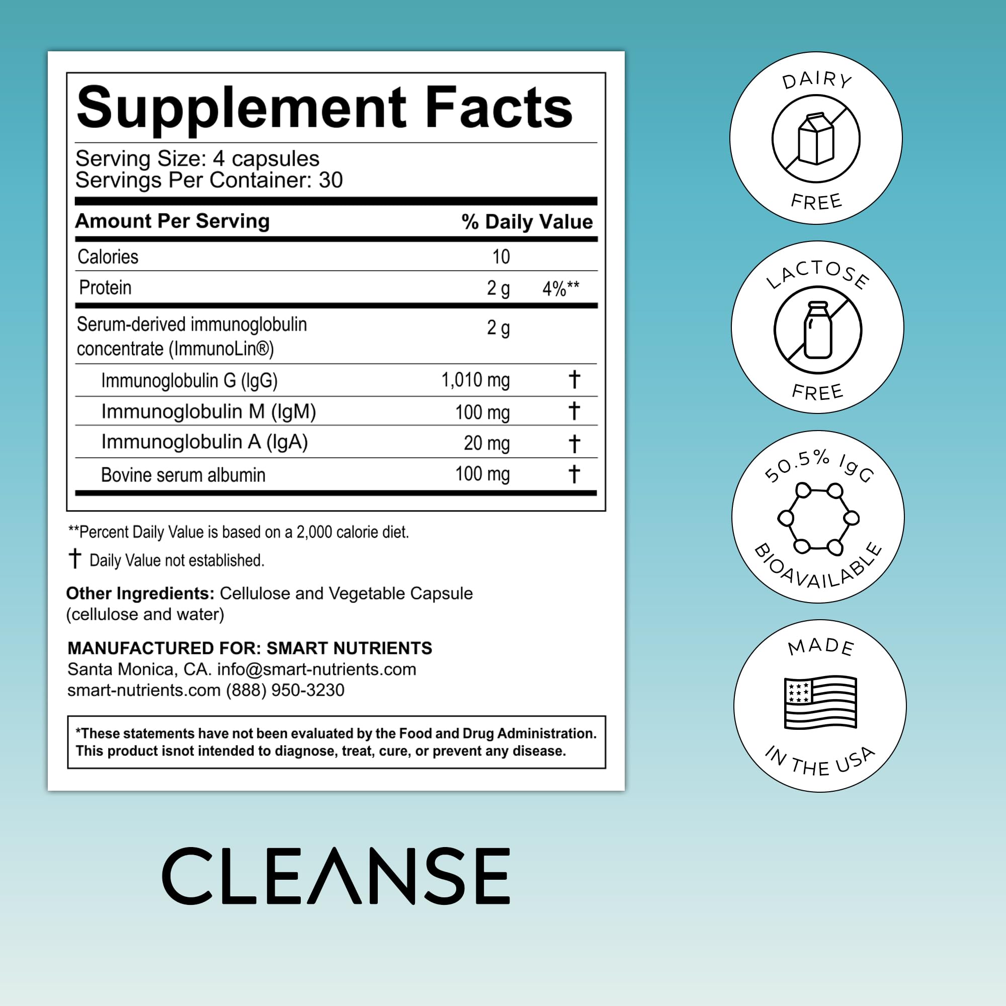 CLEANSE | IgG Dairy-Free Colostrum | 50.5% IgG Potent Concentrated Immune Support | Daily Gut Health Detox, Energy, Prebiotics, Digestive Support | 120 Capsules | 30 Day Supply, 1-Pack Smart NutrientsAu supplements