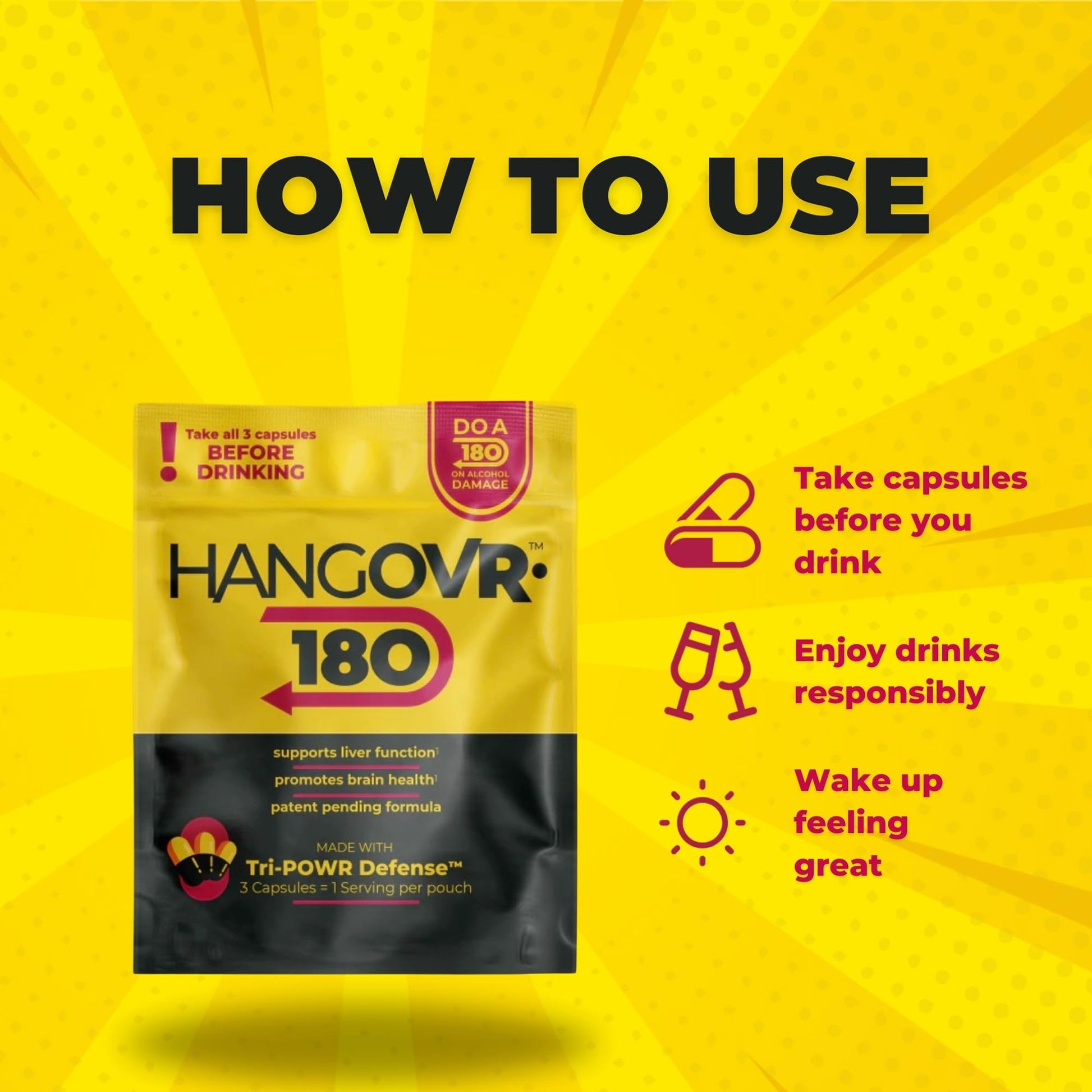 Hangovr 180 Tri-Power Before Drinking Defense 4 Pack - Support Liver & Brain Health, Feel Fresher & Better Energy - - Take Before Drinking for Relief, 3 Capsules per Pouch HANGOVR-180Au supplements