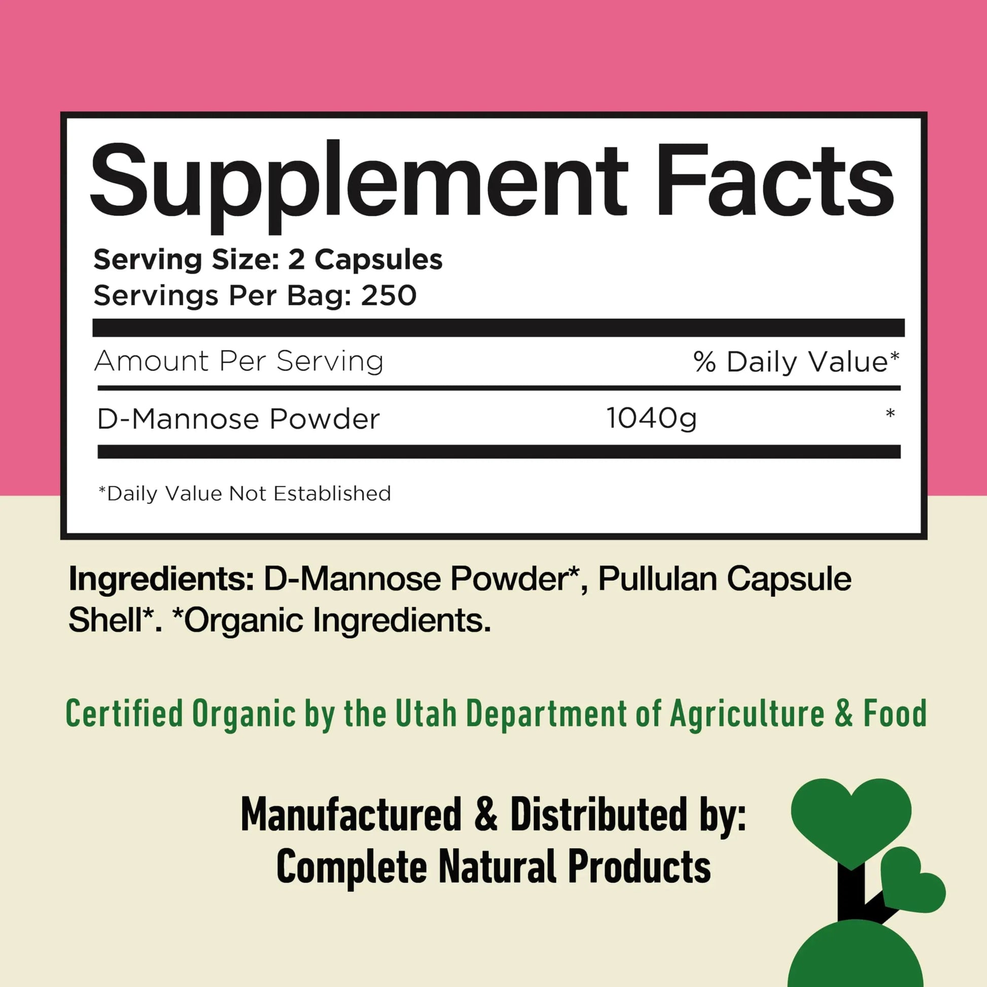 D Mannose 520mg Capsules - Organic D Mannose Supplement for UT Support, Urinary Tract Bladder Health Pills, Plant Based Formula, Vegan Non GMO, No Fillers, 500 Capsule Count Made USA Certified Kosher Complete Natural ProductsAu supplements