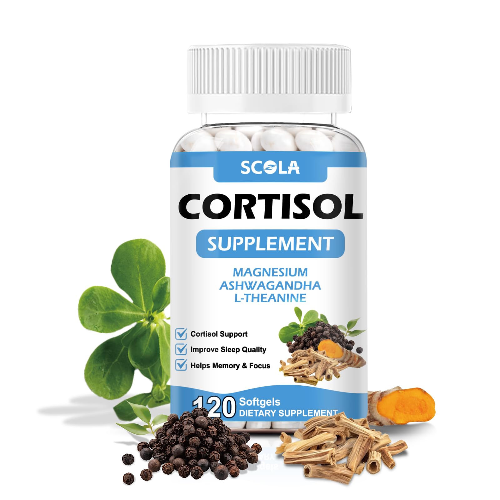 SCOLA Cortisol Supplement for Women and Men with Magnesium, Ashwagandha/L-Theanine, Cortisol Detox Manager, Cortisol Reducer Supports Relaxation & Calm, Mood, Sleep, 120 Count SCOLAAu supplements