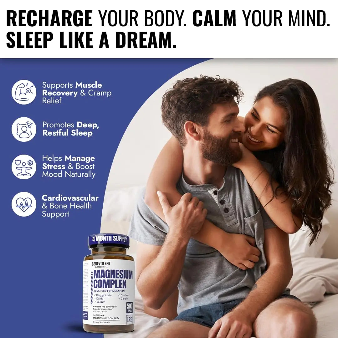 Magnesium Complex Supplement, 4 Month Supply of 500mg 5-in-1 Bisglycinate, Oxide, Taurate, Aspartate, Citrate, Max Absorption Magnesium Supplement for Calm, Sleep & Leg Cramps, 120 Capsule Benevolent Nourishmentnz supplements