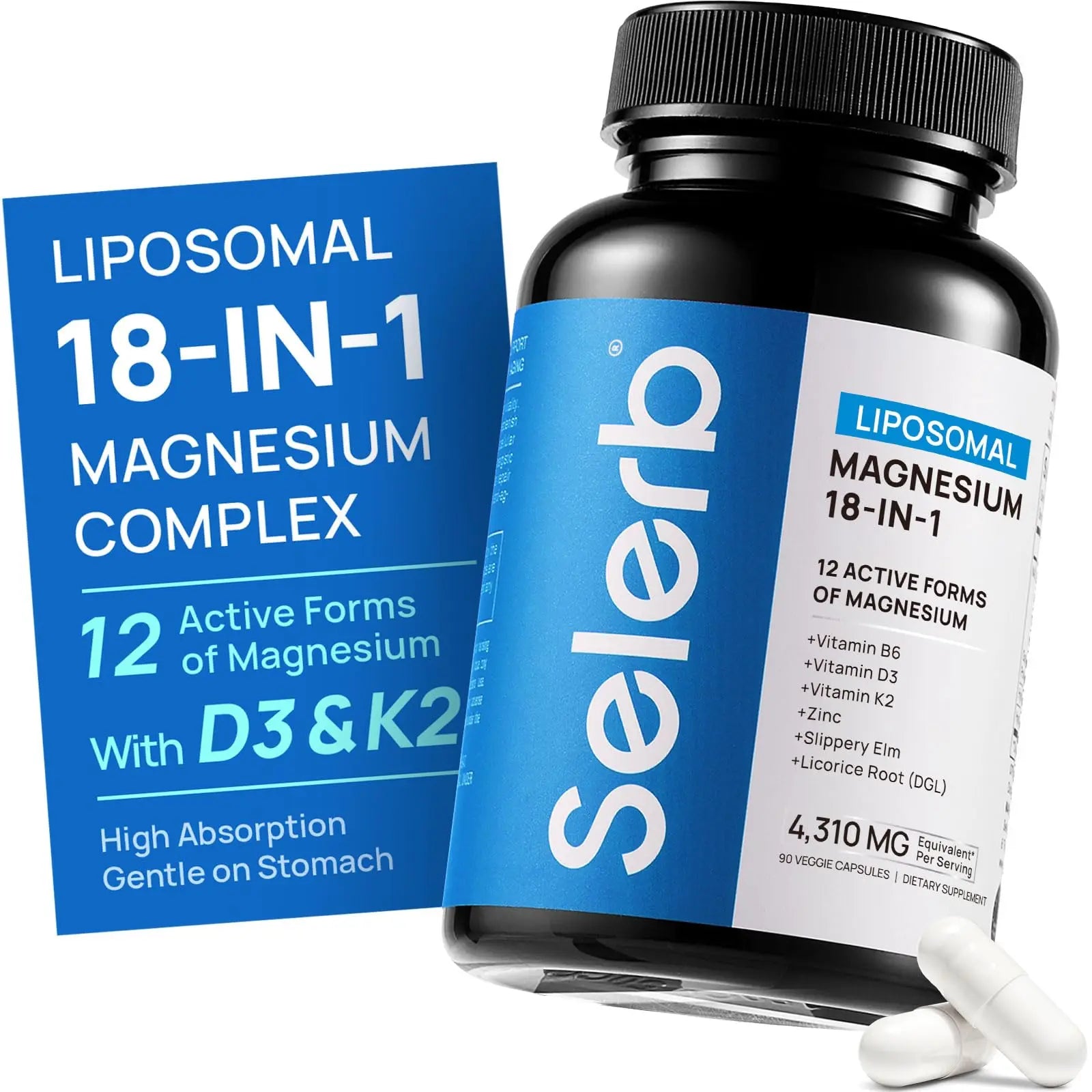 18 in 1 Magnesium Complex for Women and Men | Liposomal Magnesium Supplement with Glycinate, Citrate, Malate, Taurate, D3 & K2 | High Absorption for Muscle, Sleep, Bone, Nerve Support | 90 Capsules SelerbAu supplements