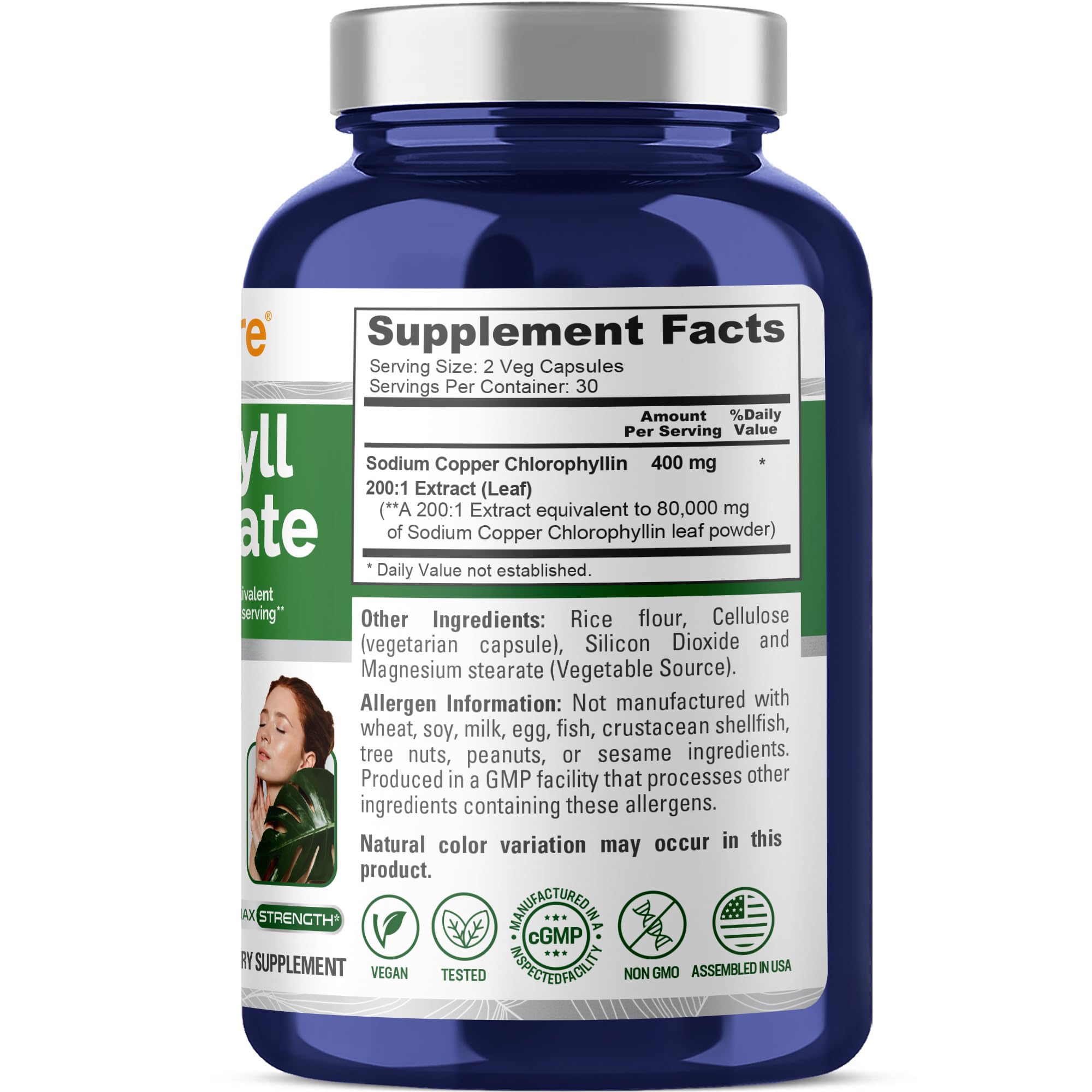 NusaPure Chlorophyll 200:1 Extract, 400 mg Equivalent to 80,000mg 60 Veggie Caps (Equivalent 80000mg per Serving, Non-GMO, Vegan) Sodium Copper Chlorophyllin NusaPureAu supplements