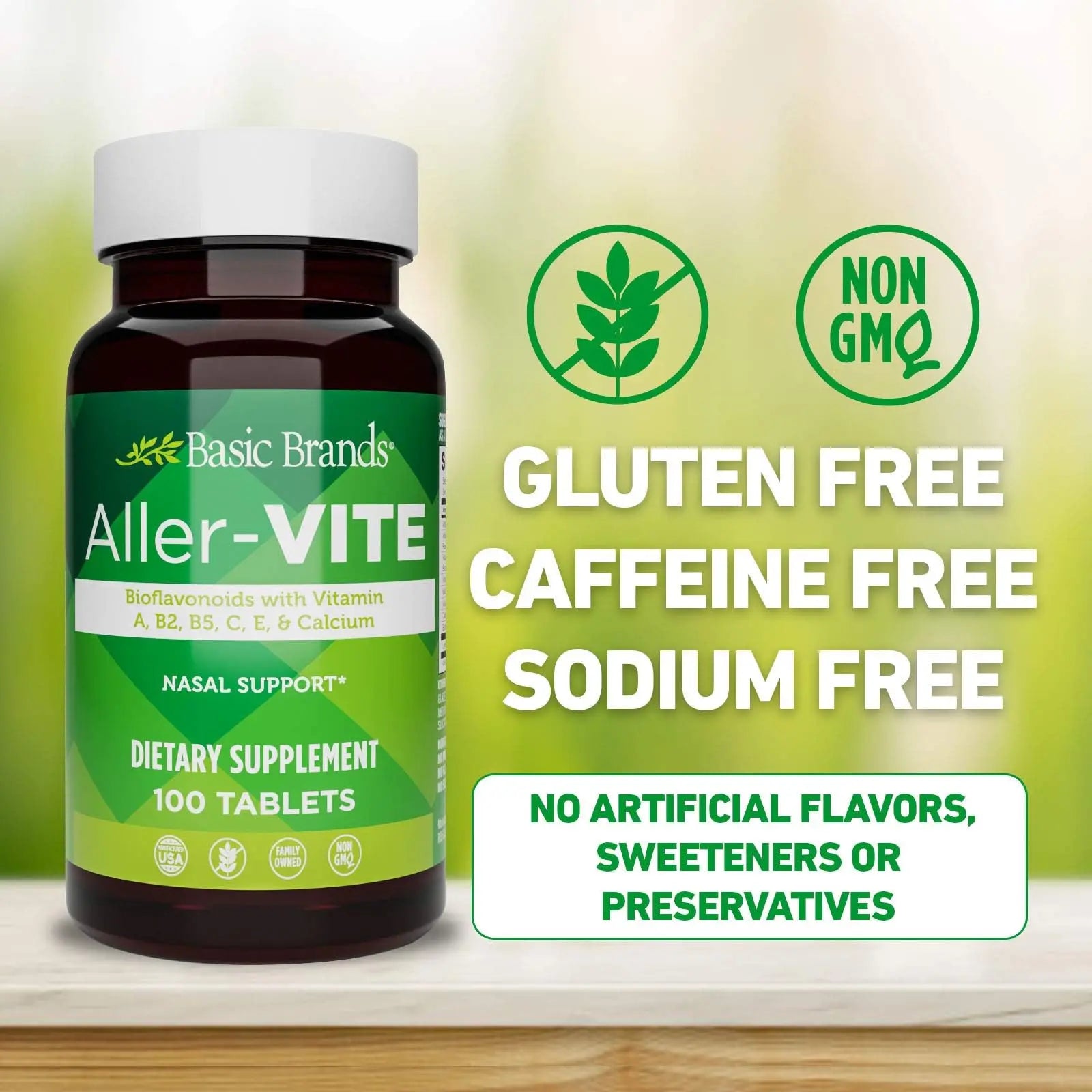 Basic Brands Aller Vite Nasal Support Tablets for Seasonal Allergy Relief, High Bioflavonoid Complex with Vitamins and Calcium, Gluten Free Daily Supplement, 100 Tablets Basic Brandsnz supplements