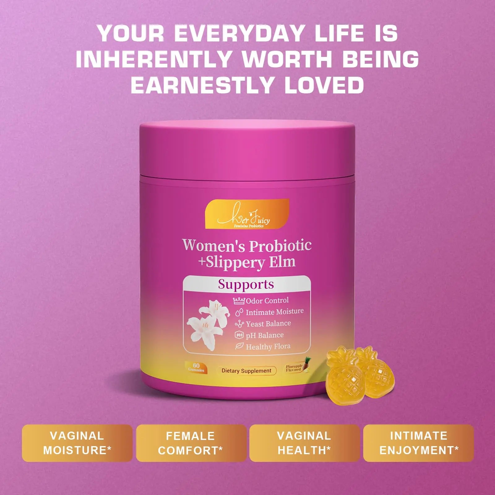 Brurtzexs Her Juicy Feminine Probiotics Gummies for Women with Slippery Elm - Pineapple Flavor, pH Balance & Immune Health Support - Digestive & Feminine Support - Vegan Supplement, 60 C Brurtzexsnz supplements