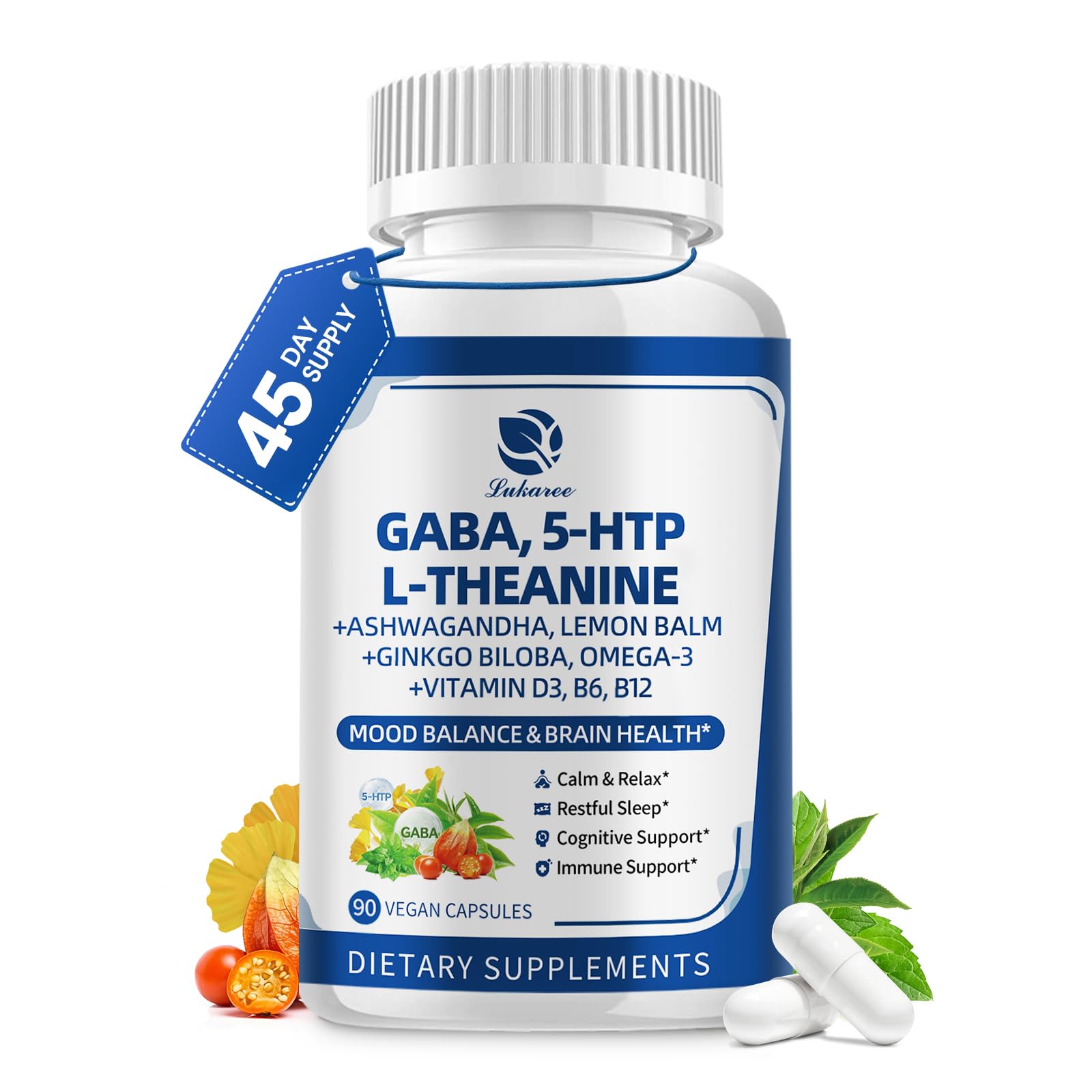 GABA Supplements 750mg with L Theanine, 5HTP, Ashwagandha, Lemon Balm, Ginkgo Biloba, Omega-3, 10 in 1 GABA Calm Capsules for Sleep, Relaxation, Focus, Mood Support, Cortisol Balance - 90CT LukareeAu supplements