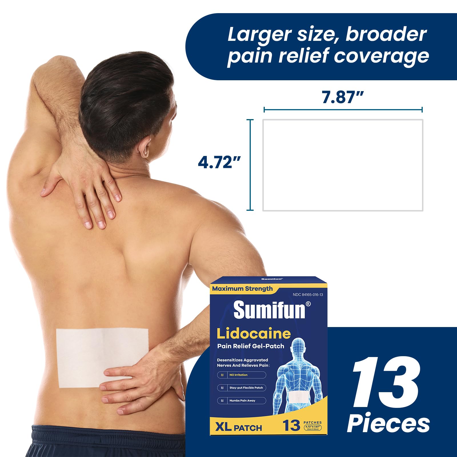 Sumifun XL Lidocaine Patches for Pain Relief, 4% Lidocaine Maximum Strength OTC, Extra Large 4.72"x7.87" for Full Back Pain Patches & Large Areas (Extra Large, Count, 13) SumifunAu supplements