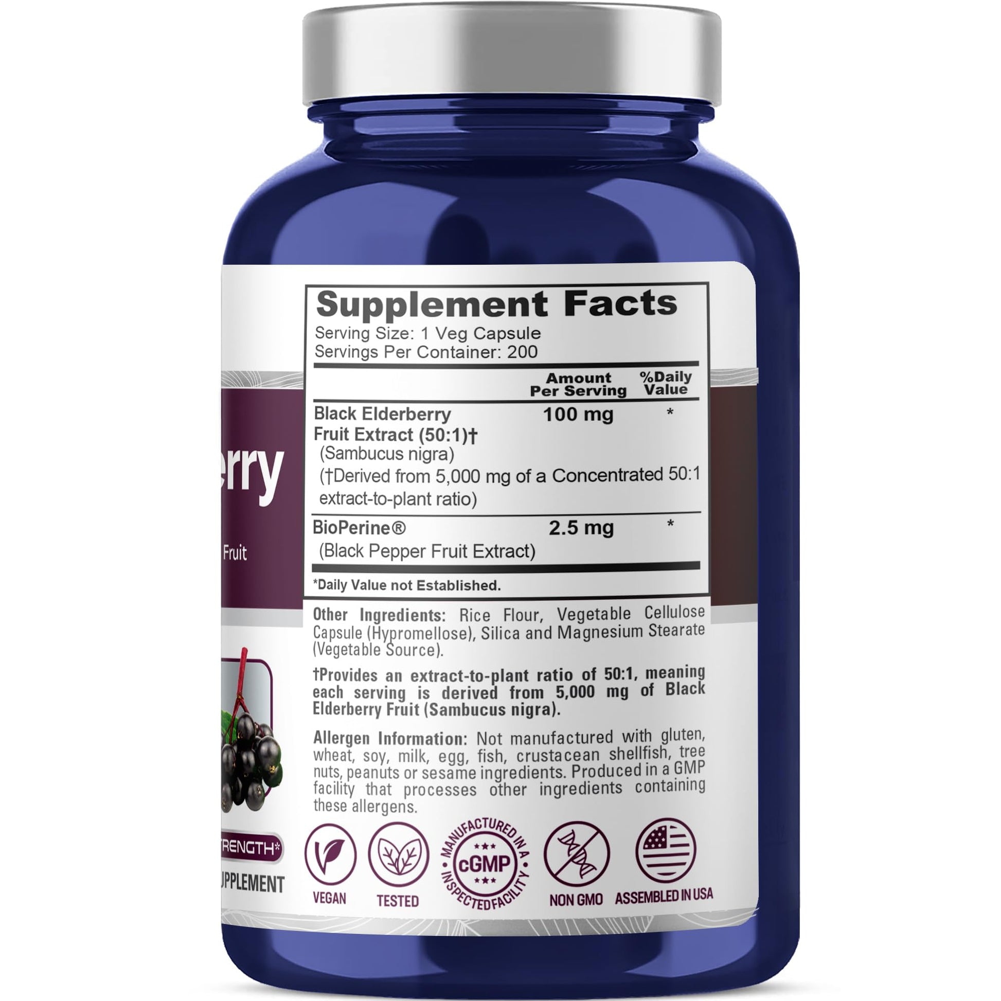 NusaPure Black Elderberry 50:1 Extract, 100 mg Equivalent to 5,000mg per Veggie Capsules, 200 Count (Vegan, Non-GMO, Bioperine) Dietary Supplement NusaPureAu supplements