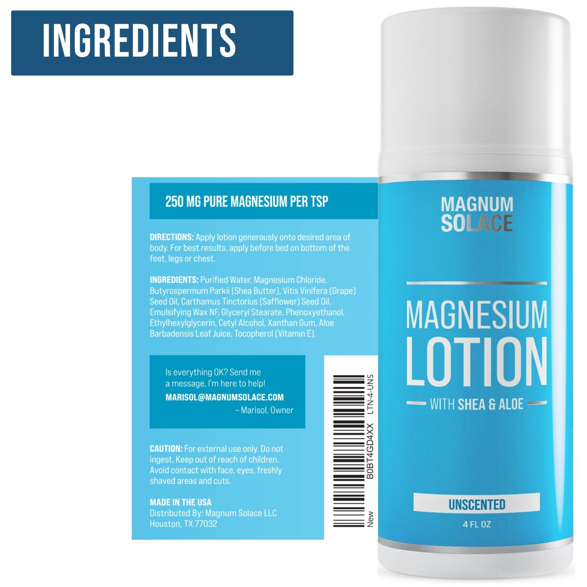 Magnesium Lotion – Super Concentrated – Made with Aloe and Shea – For Leg Cramps, Sore Muscles & Joints, Rejuvenation – Safe for Kids, Made in the USA (Unscented) Magnum SolaceAu supplements