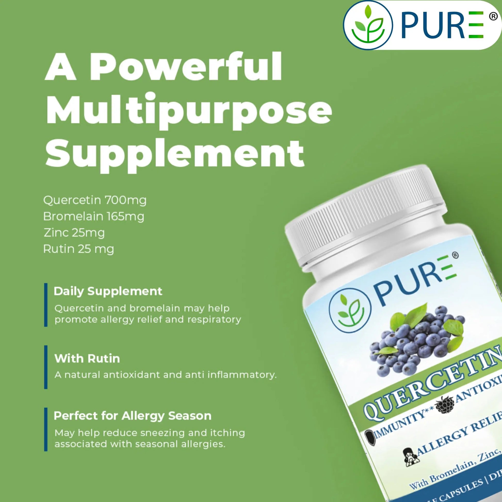 PURE® Quercetin+ with Zinc, Bromelain, Rutin Immune Shield - 60 Capsules - High Bioavailability Antioxidant Complex for Respiratory Health & Viral Defense - Made in USA PUREnz supplements
