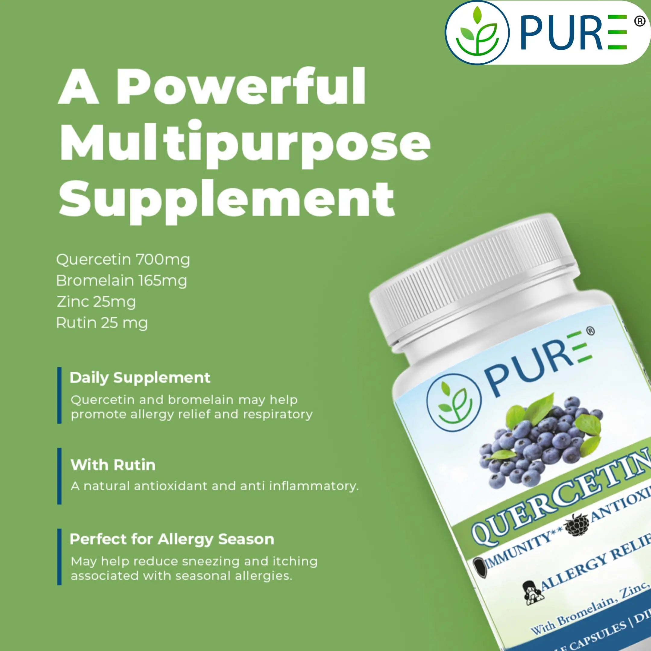 PURE® Quercetin+ with Zinc, Bromelain, Rutin Immune Shield - 60 Capsules - High Bioavailability Antioxidant Complex for Respiratory Health & Viral Defense - Made in USA PUREnz supplements